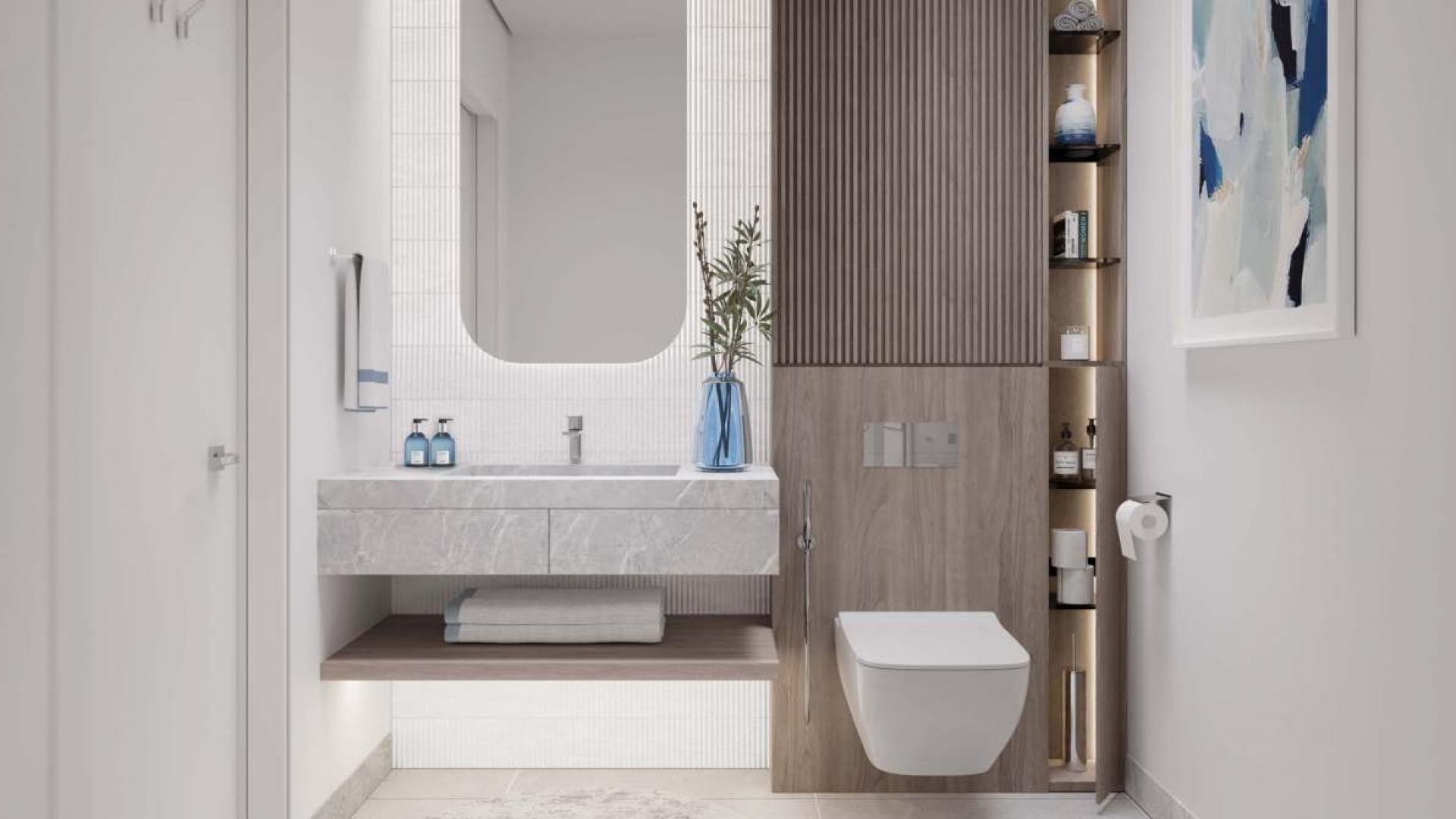 Modern bathroom in Art Bay Studio Apartments, Al Jaddaf, featuring elegant design and amenities