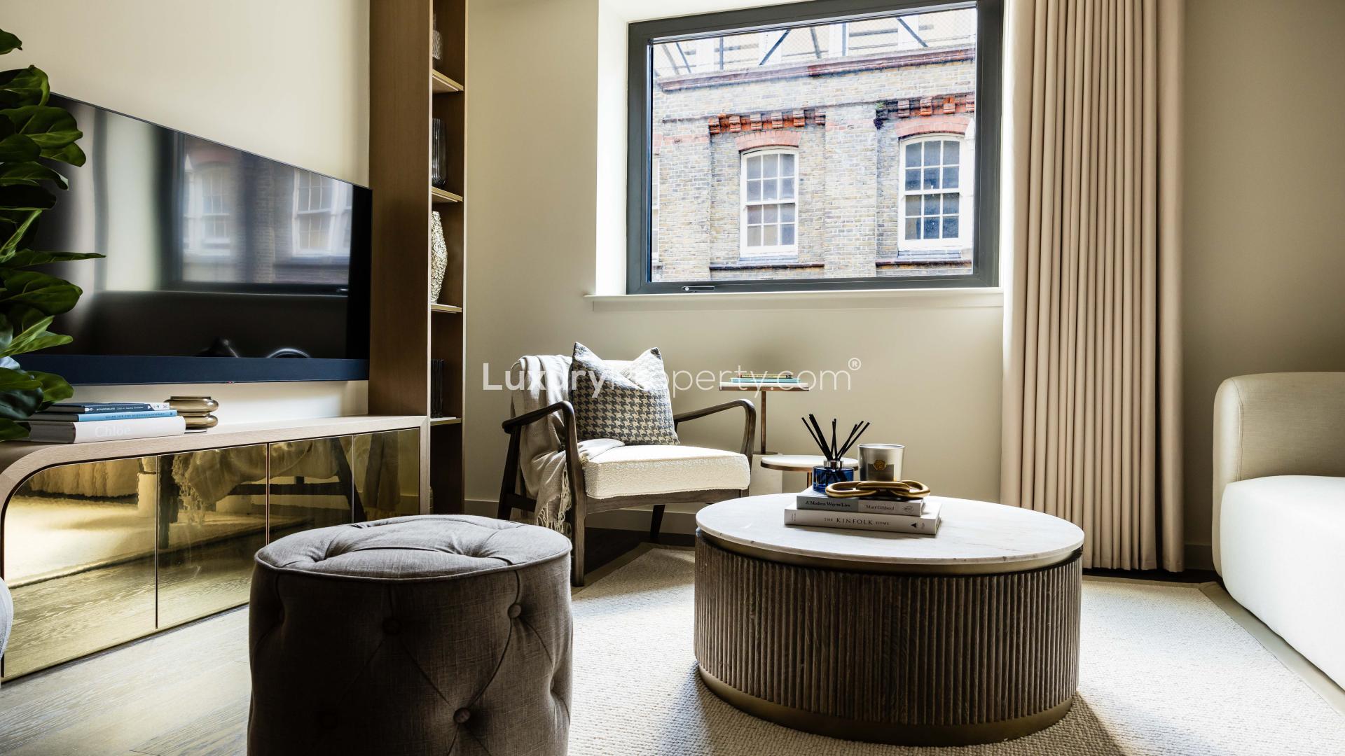 Exquisite studio apartment interior in TCRW Soho, Central London, featuring elegant modern design
