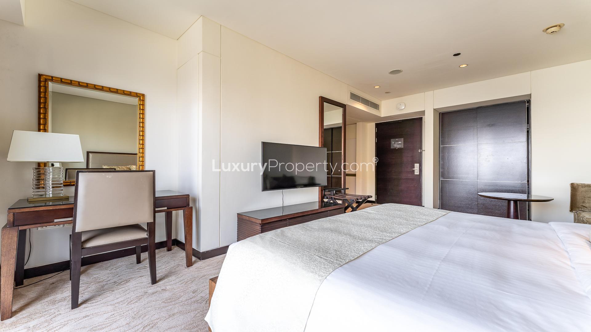 Premium studio apartment interior with marina view at JW Marriott, Dubai Marina