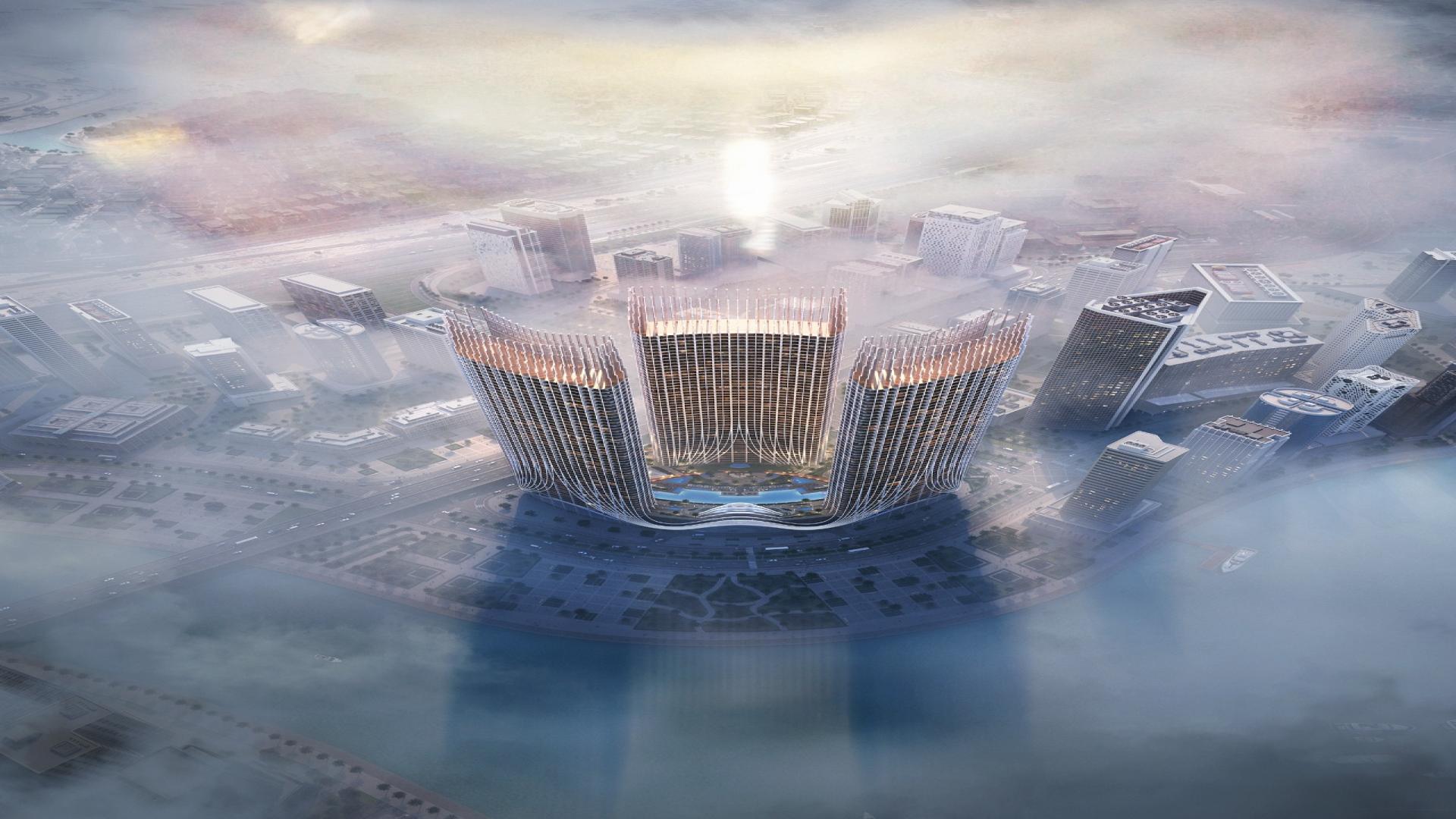 Aerial view of Binghatti Skyrise apartment in Business Bay, Dubai skyline at dusk