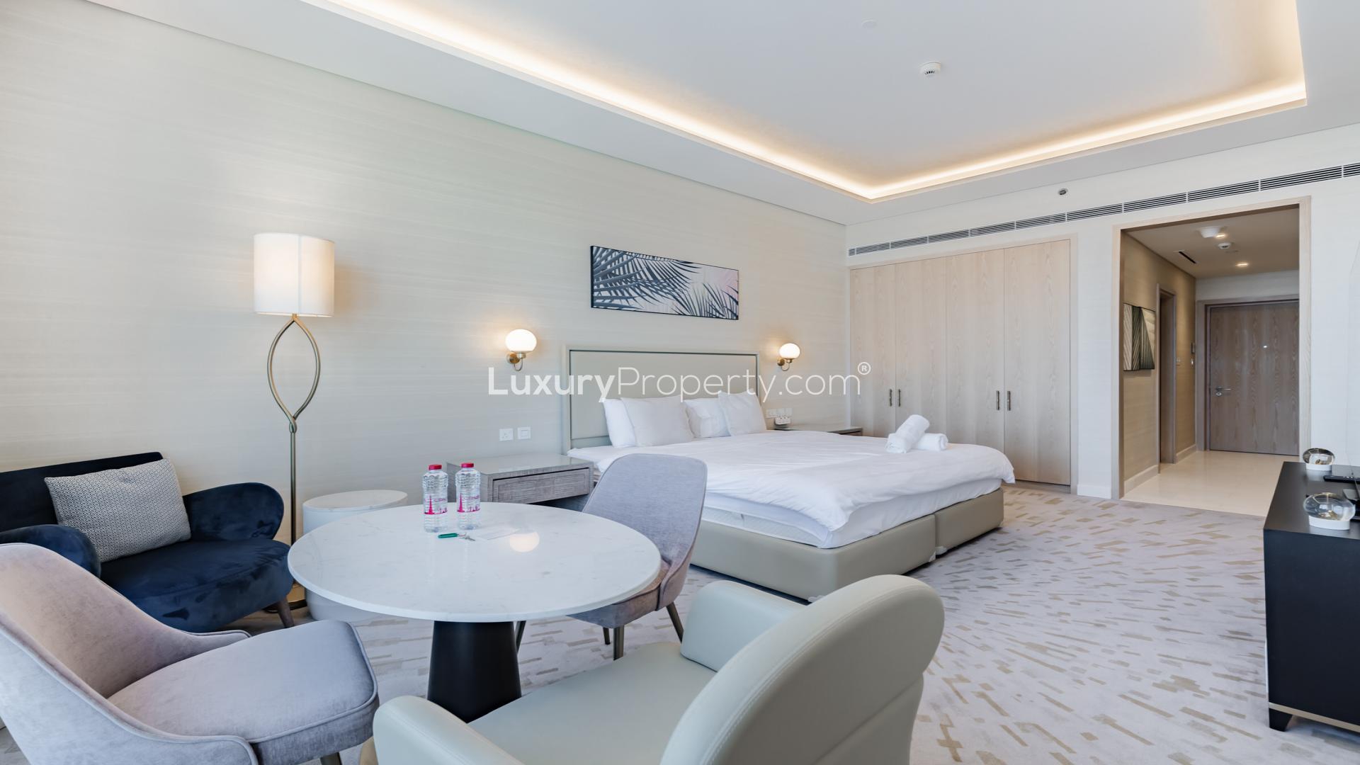 Aerial view from Palm Tower studio apartment overlooking Palm Jumeirah and Arabian Gulf waters