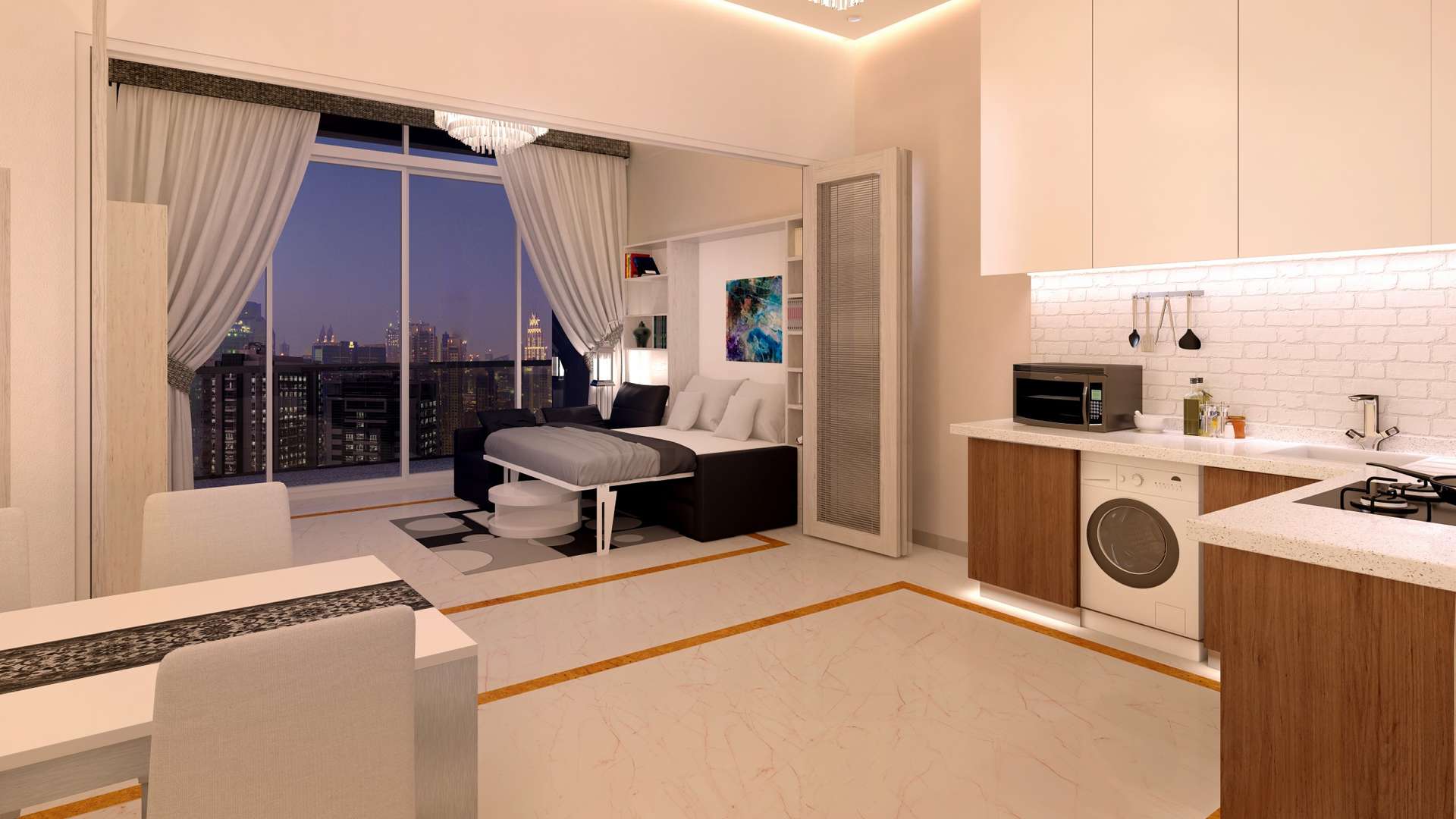 Balcony view from Bayz Tower studio overlooking Business Bay skyline and waterfront