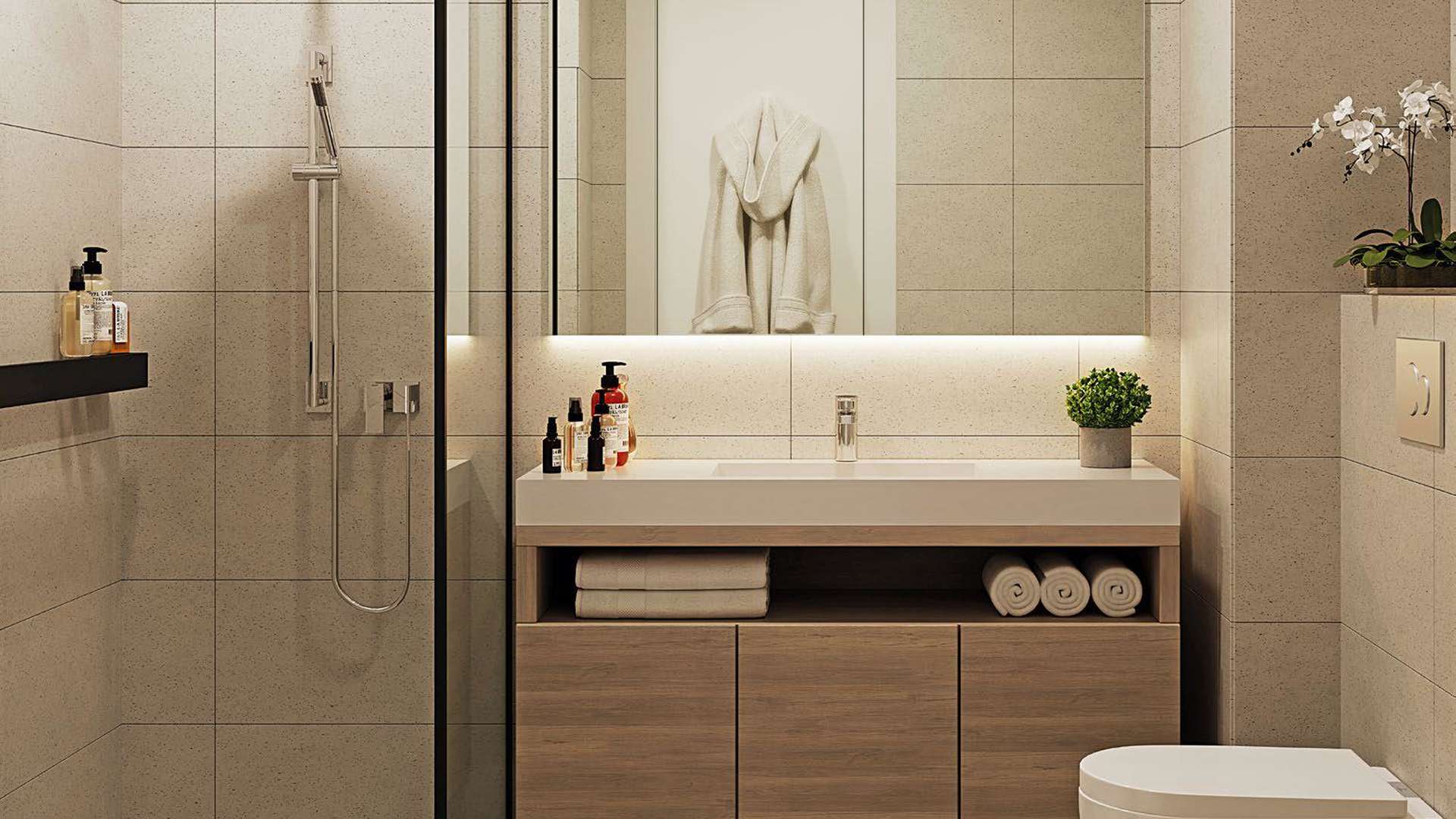 N/A,Ultramodern bathroom in Beachside Residences studio apartment, Tilal Al Ghaf. Spacious shower and vanity