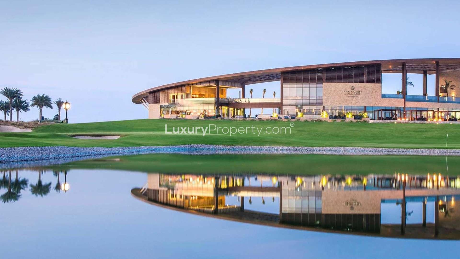 Elegant Bella Vista apartment towers in Damac Hills, Dubailand, overlooking lush golf course