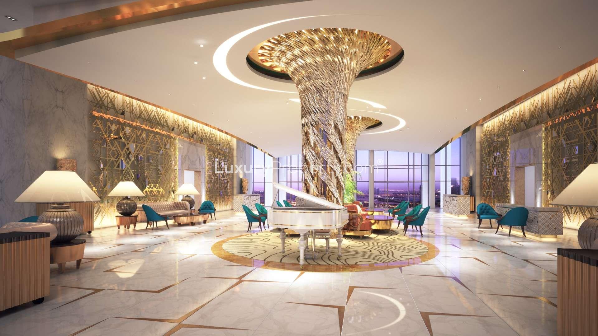Elegant lobby in Prive Residences, Business Bay, with luxurious decor and Burj view