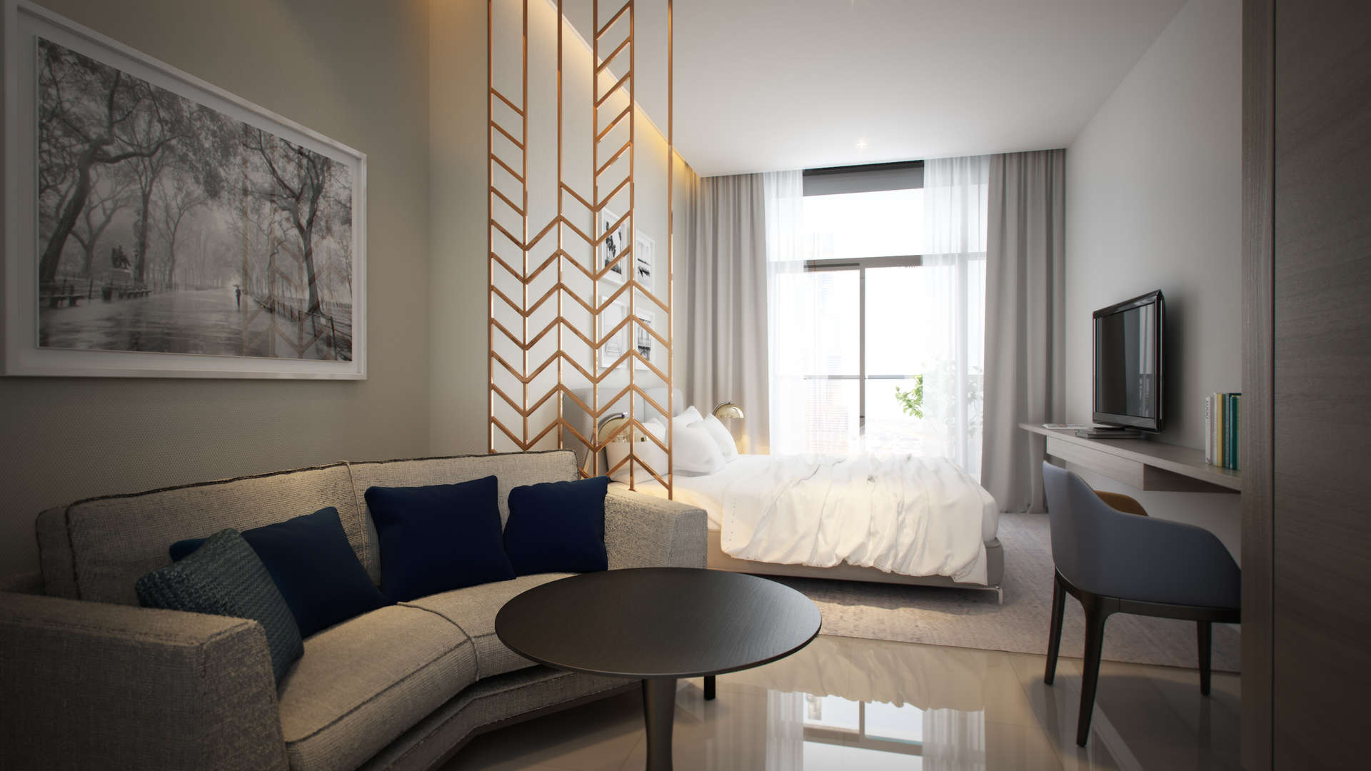 "Prive Residences at night, elegant studio apartment in Business Bay with Burj view.",Elegant studio apartment interior in Prive Residences, Business Bay with stylish decor and Burj view