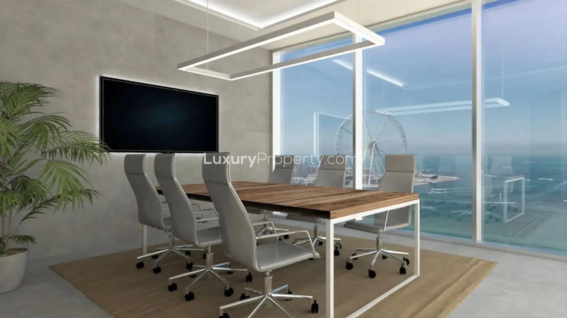 "High floor Ciel Tower studio with stunning marina and sea views in Dubai Marina.",High floor Ciel Tower studio office area with sea view in Dubai Marina apartment