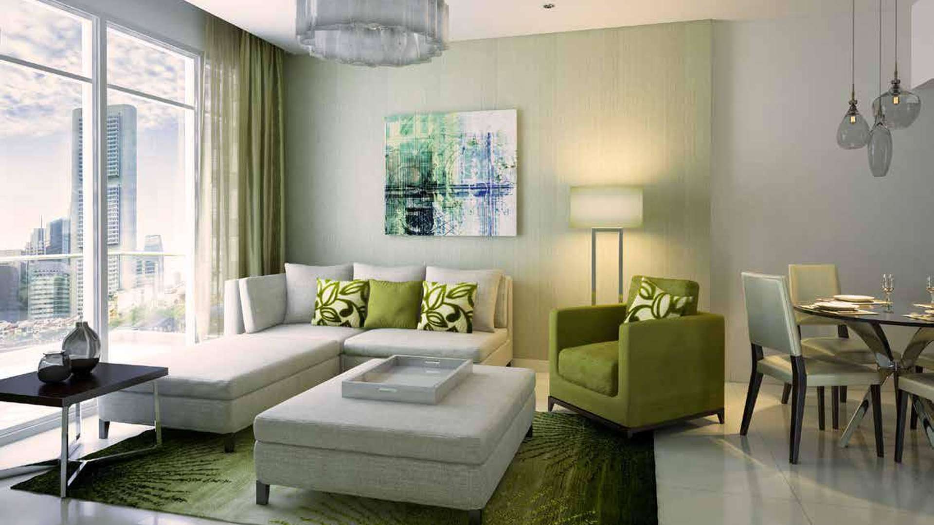 Luxurious lobby in Celestia, Dubai South apartment for sale, featuring modern red seating