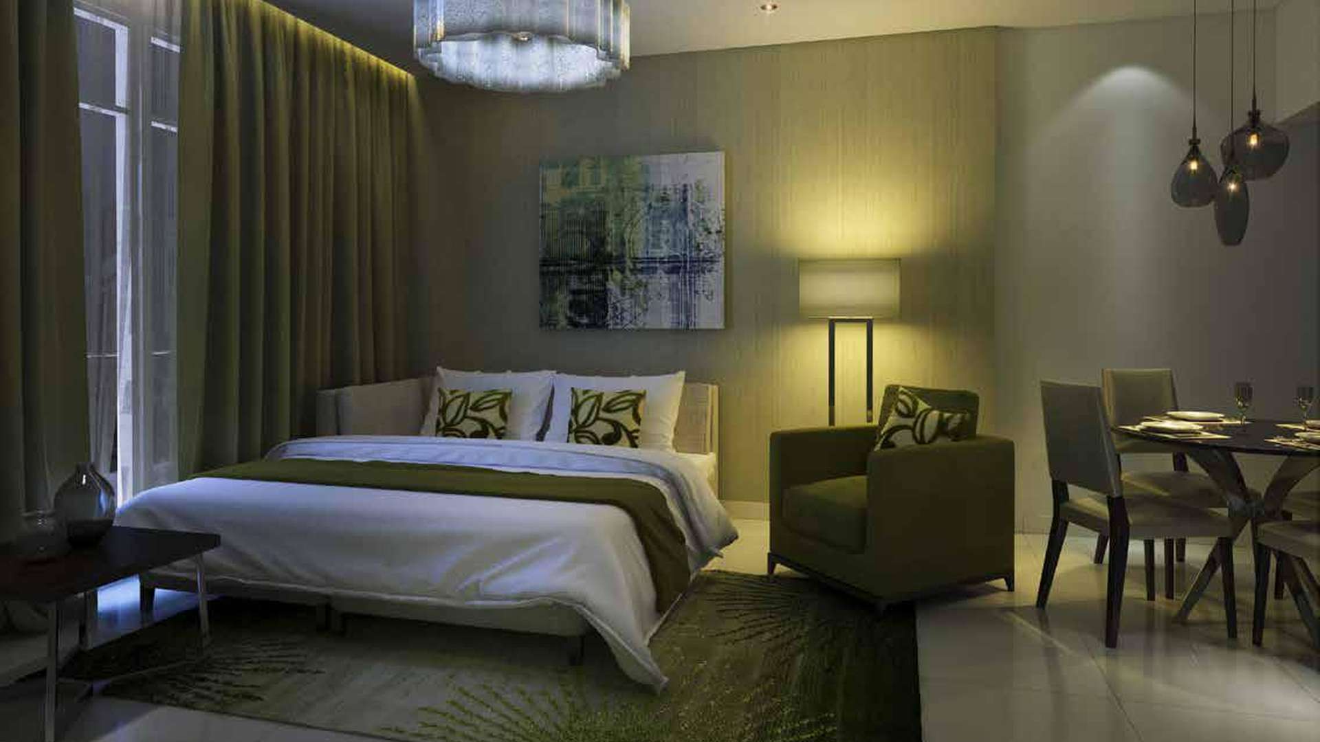 Studio apartment living area with modern decor in Celestia, Dubai South