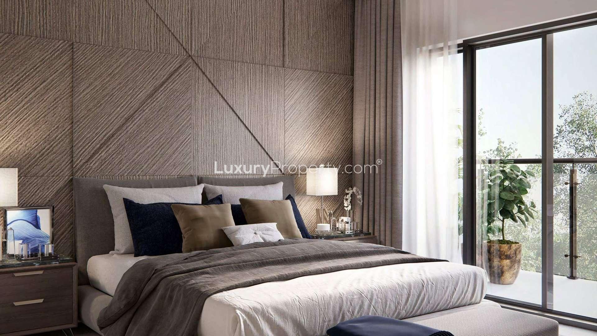Modern studio apartment bedroom with balcony at Genesis, Arjan, Al Barsha South