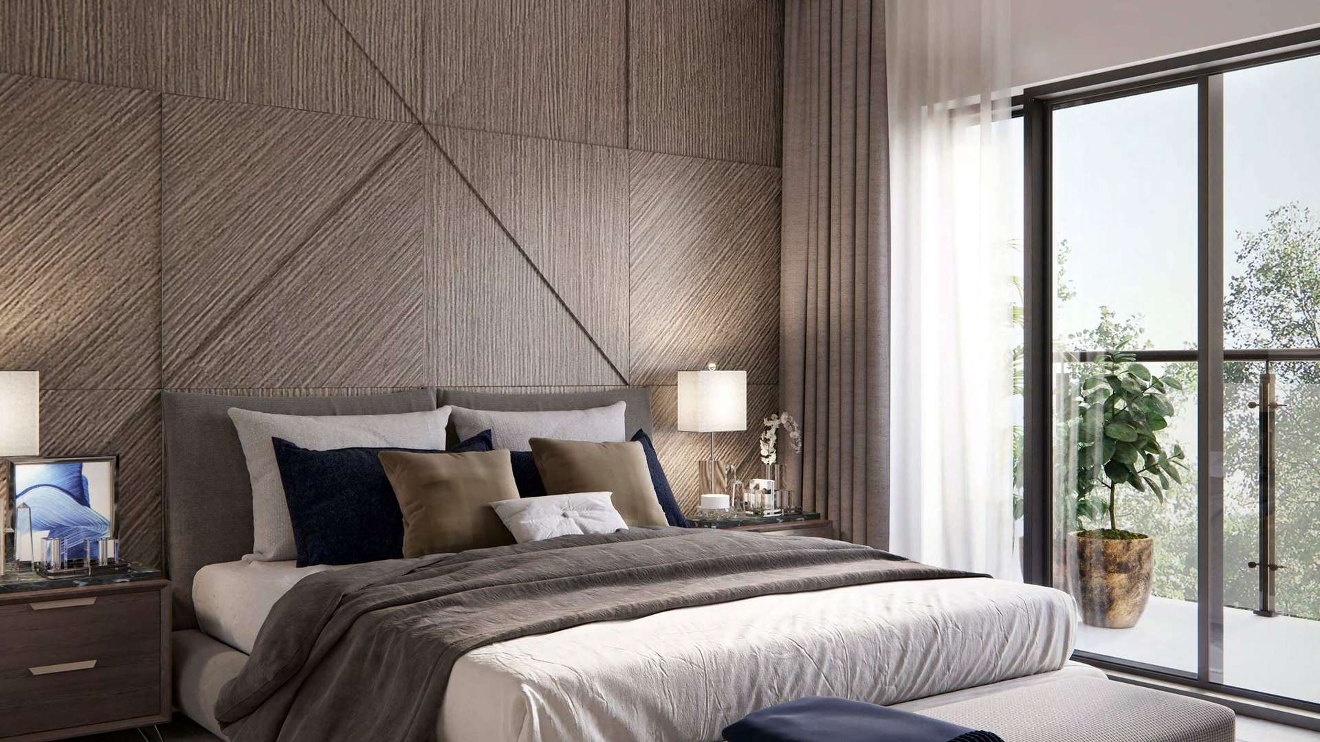 Modern studio apartment bedroom with balcony at Genesis, Arjan, Al Barsha South