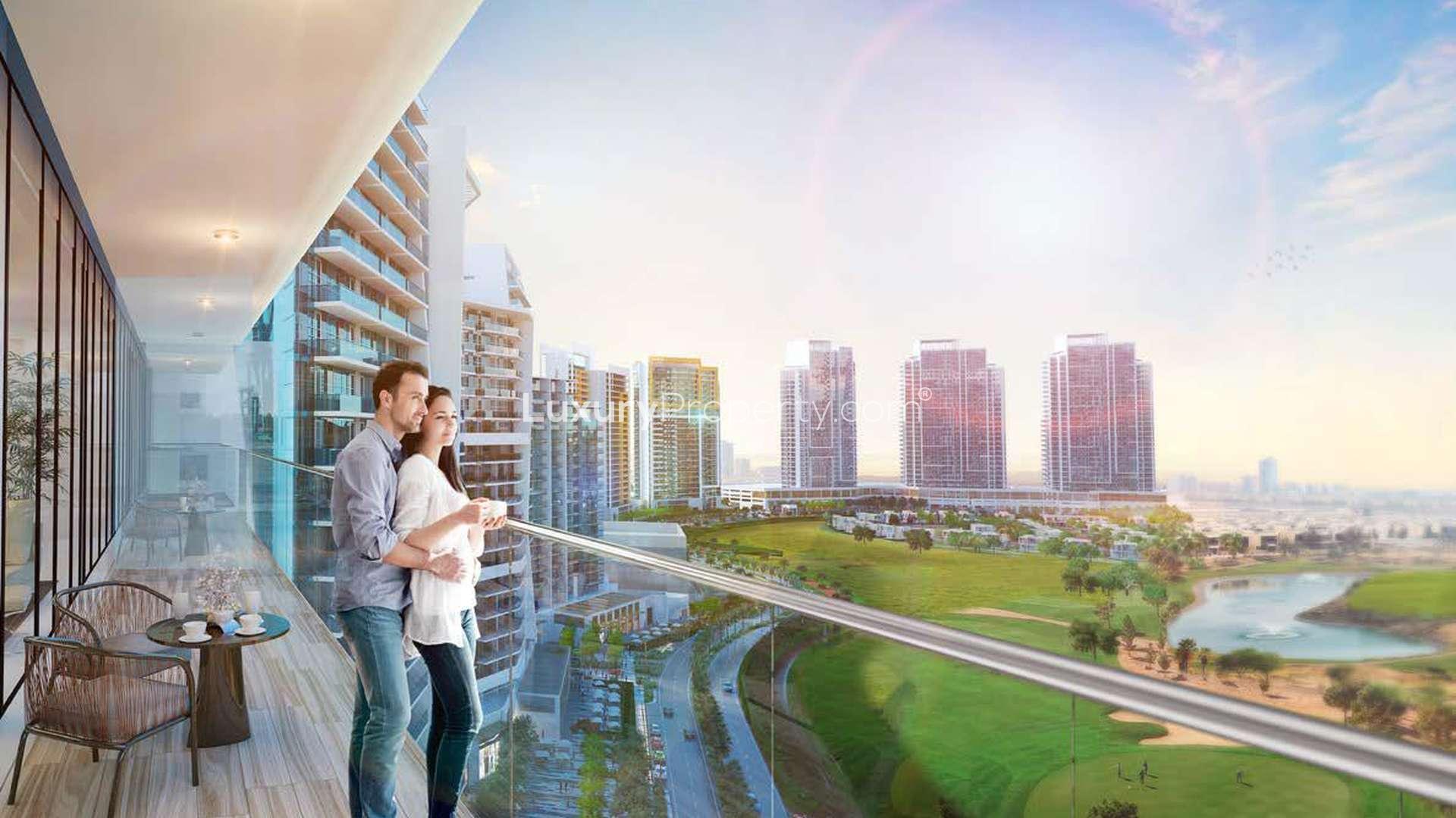 Skyline view of Kiara Apartments in Dubailand, showcasing modern architecture and lush surroundings