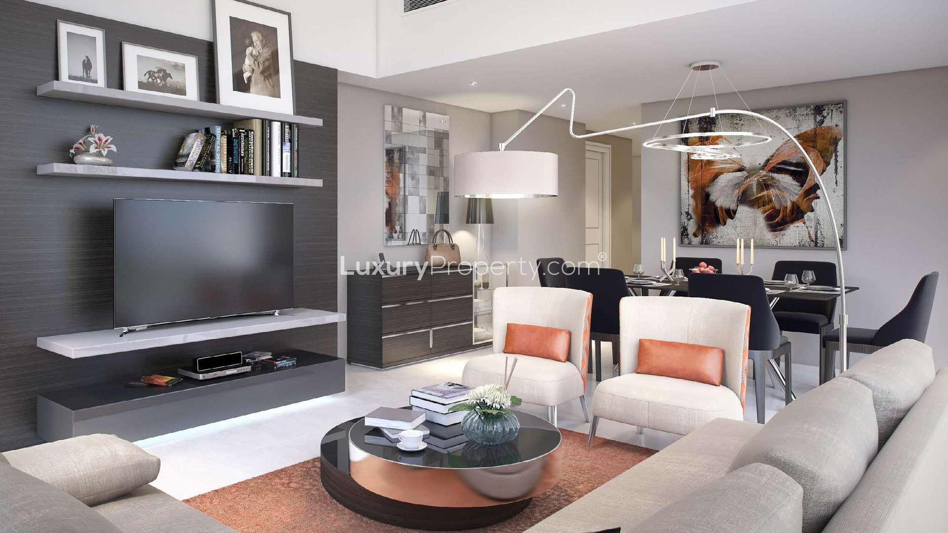 Luxurious lobby of Kiara Apartments in Dubailand, featuring modern furnishings and elegant decor