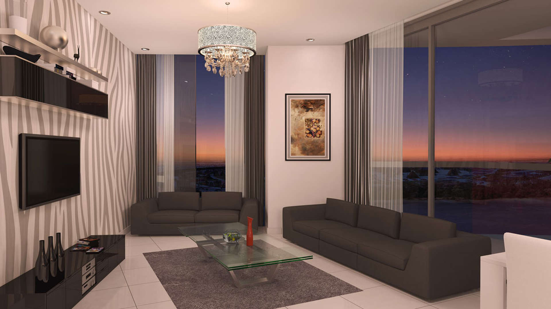 Modern living room in Miraclz Tower, Arjan apartment with sunset view. Ideal investment opportunity
