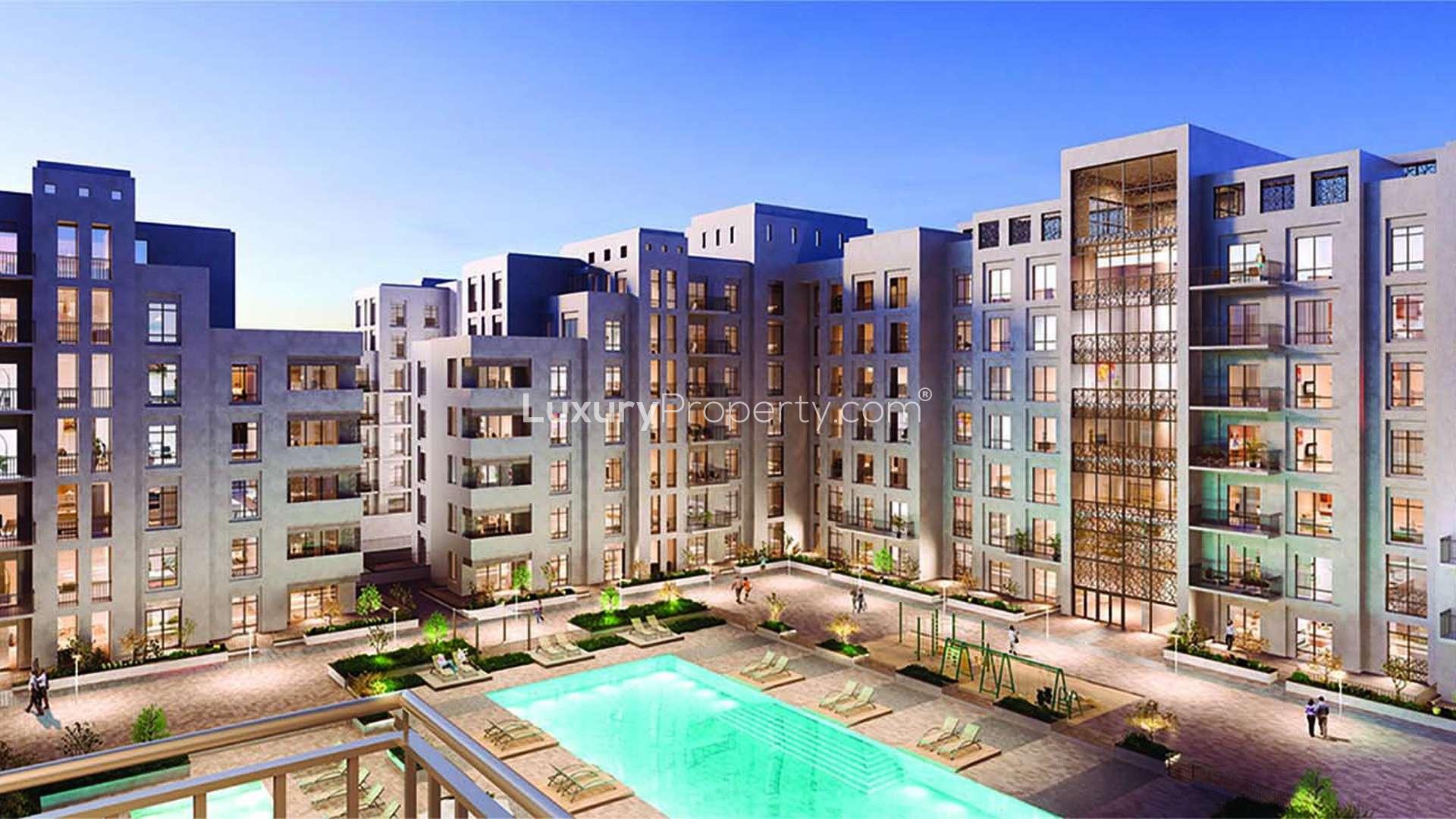 Studio apartment interior at Safi Apartments, Town Square, featuring modern furnishings and decor