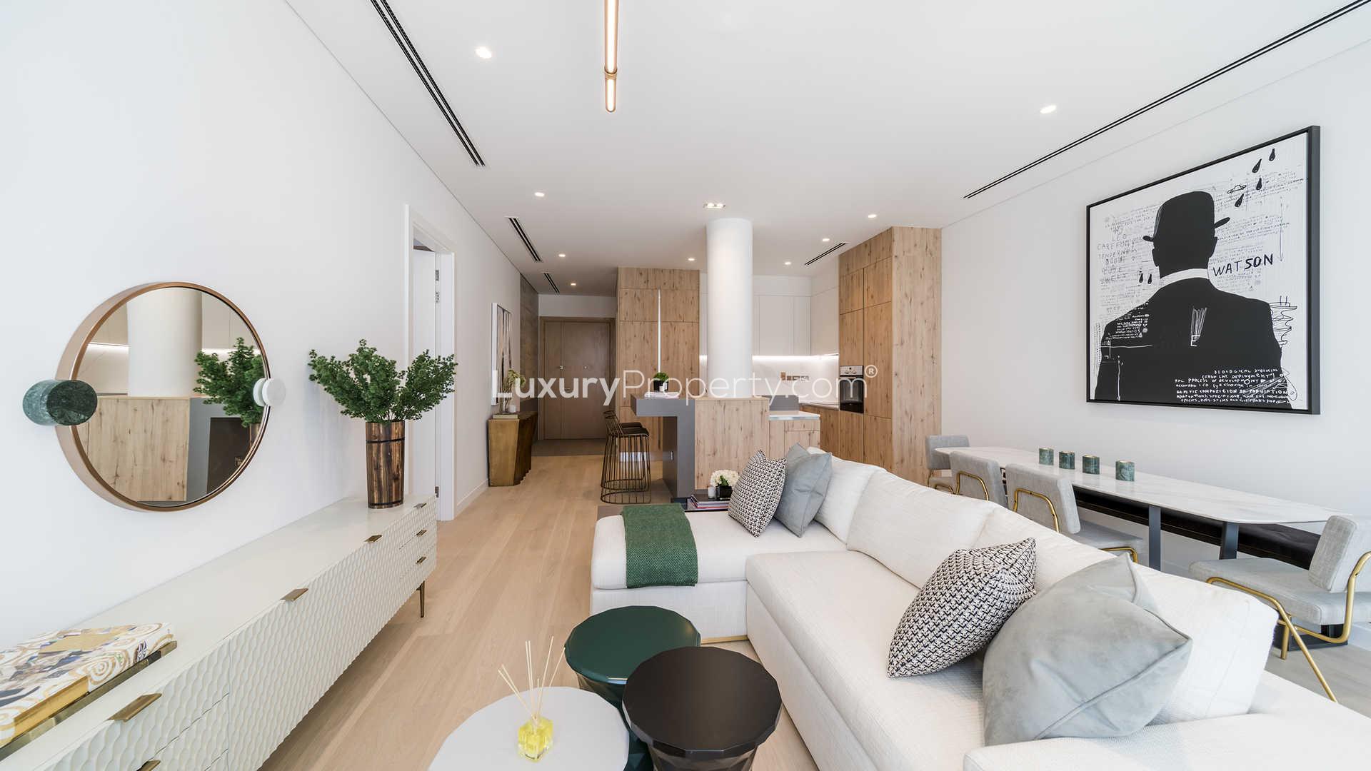 Modern studio apartment kitchen and living area in Al Barari, Dubai