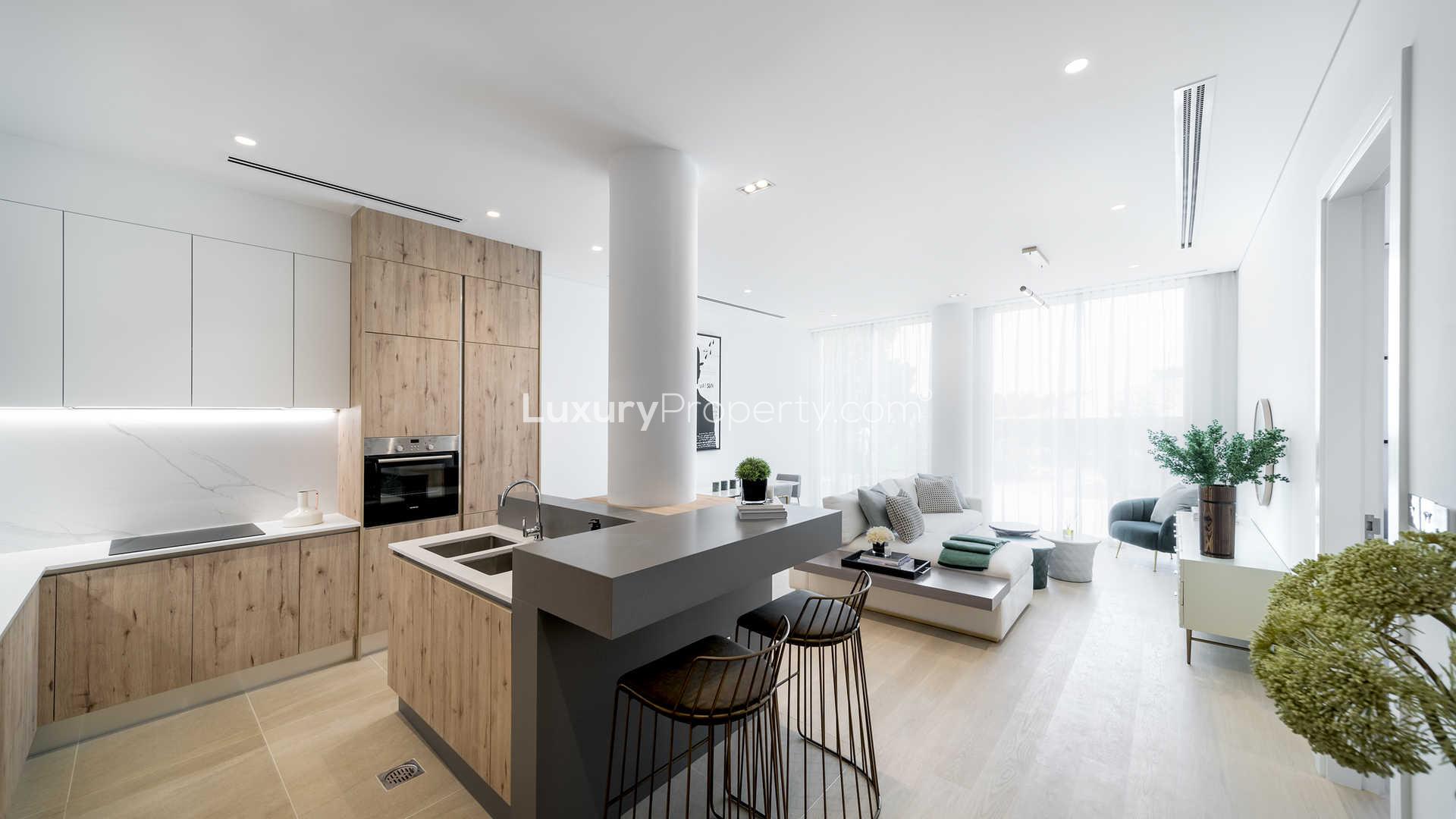 Aerial view of The Neighbourhood, Al Barari, Dubai studio apartment complex with lush greenery