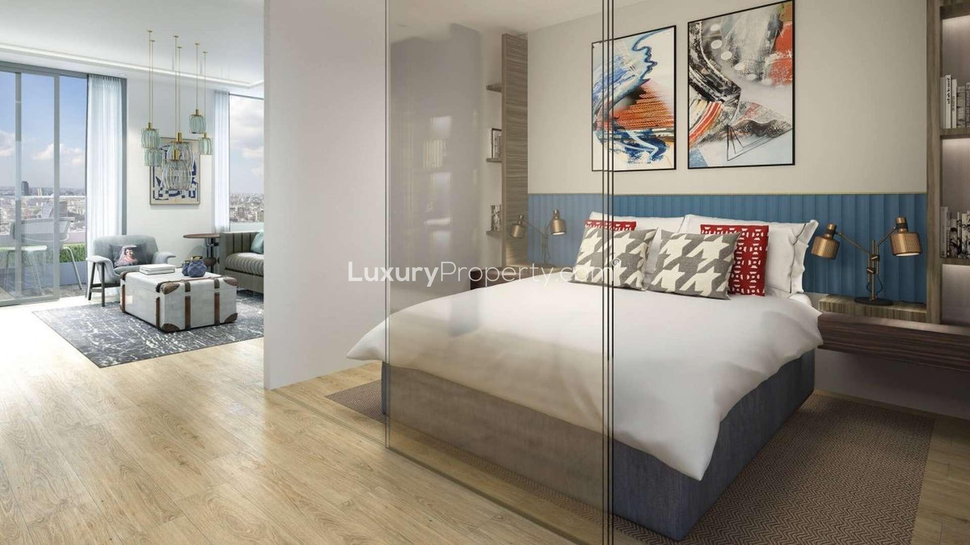 Stunning studio suite interior in The Stage, Shoreditch, London with modern decor