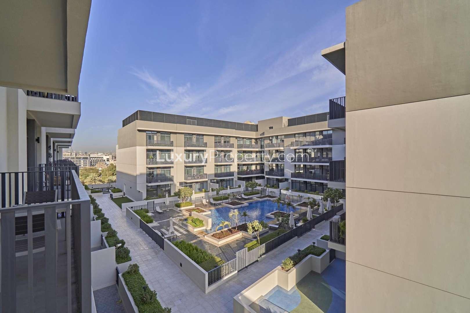 Balcony view of luxury studio apartment in Belgravia 2, Jumeirah Village Circle. Rent available