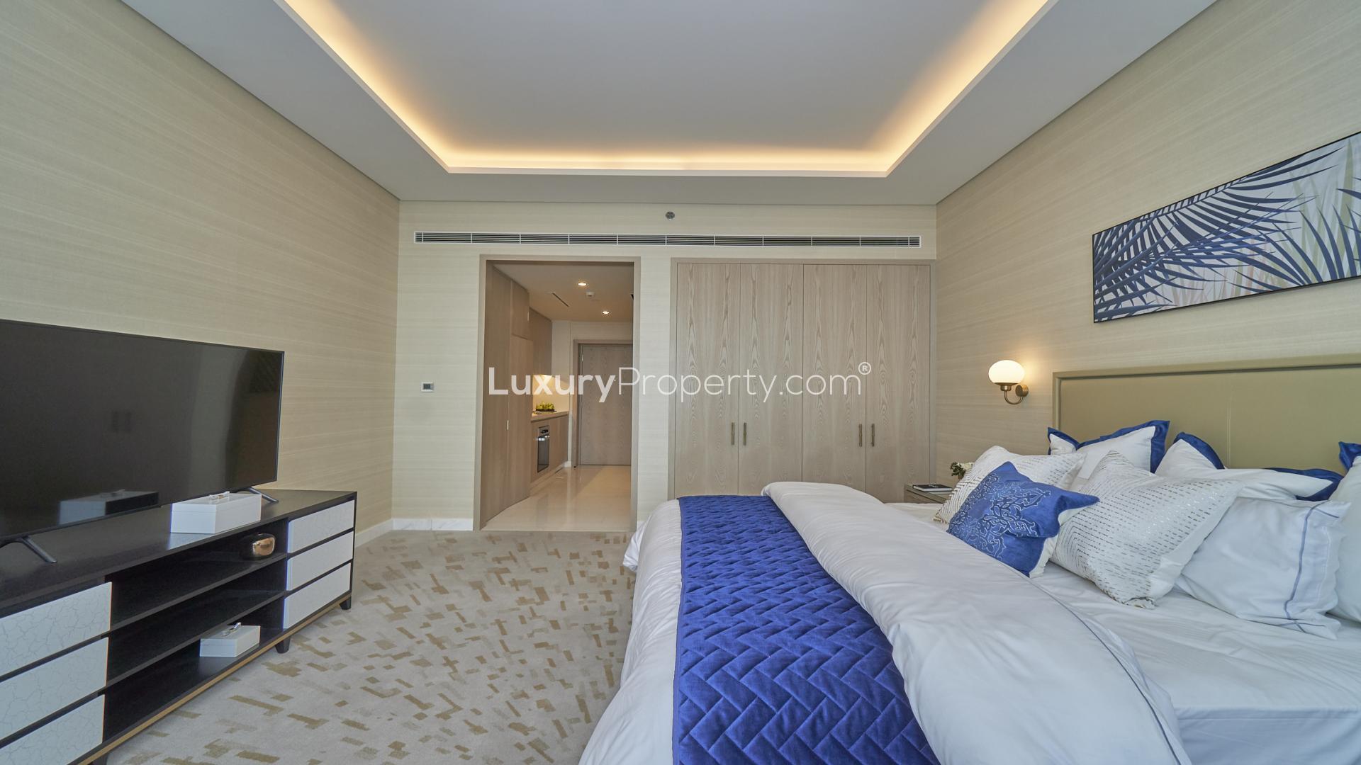 Fully furnished studio in Palm Tower, Palm Jumeirah with modern decor and large window view