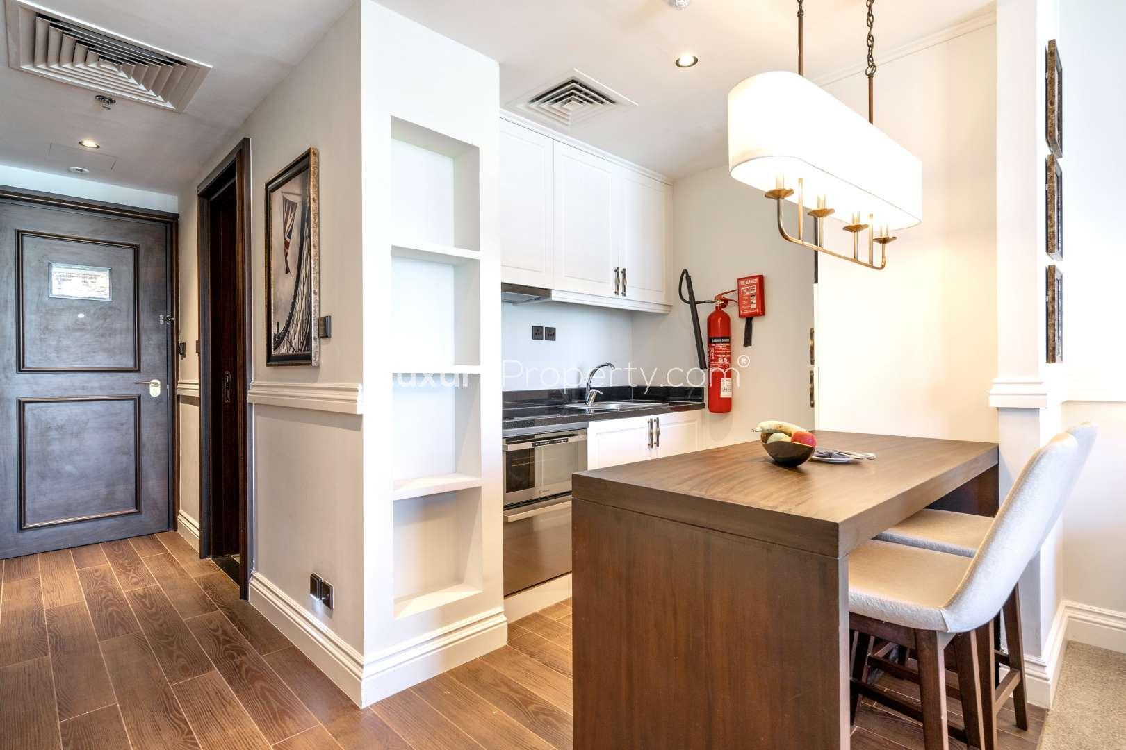 High-floor studio view of marina and ocean at Dukes Oceana, Palm Jumeirah