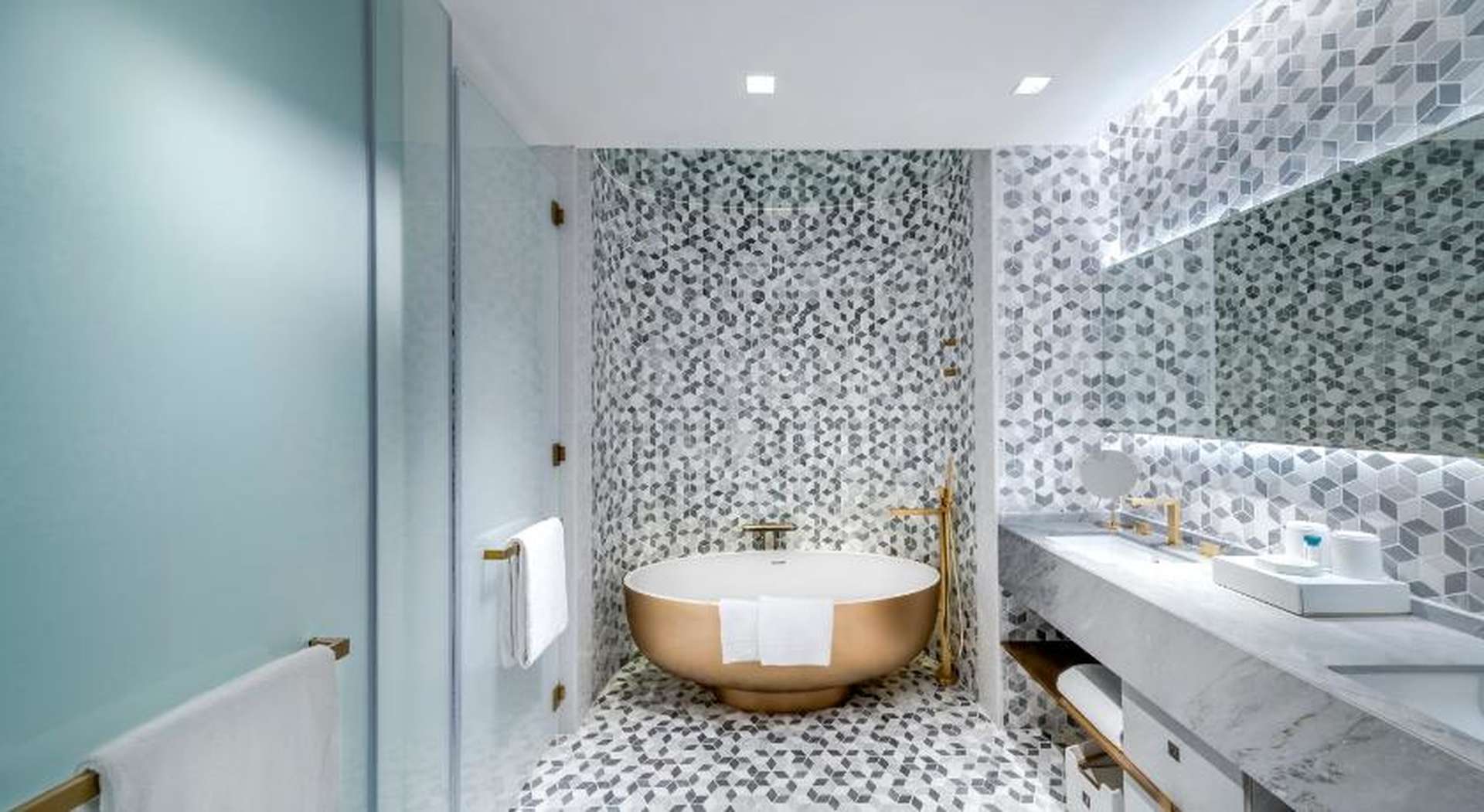 Skyline view from Five Palm Jumeirah studio apartment, showcasing Dubai Marina's stunning architecture