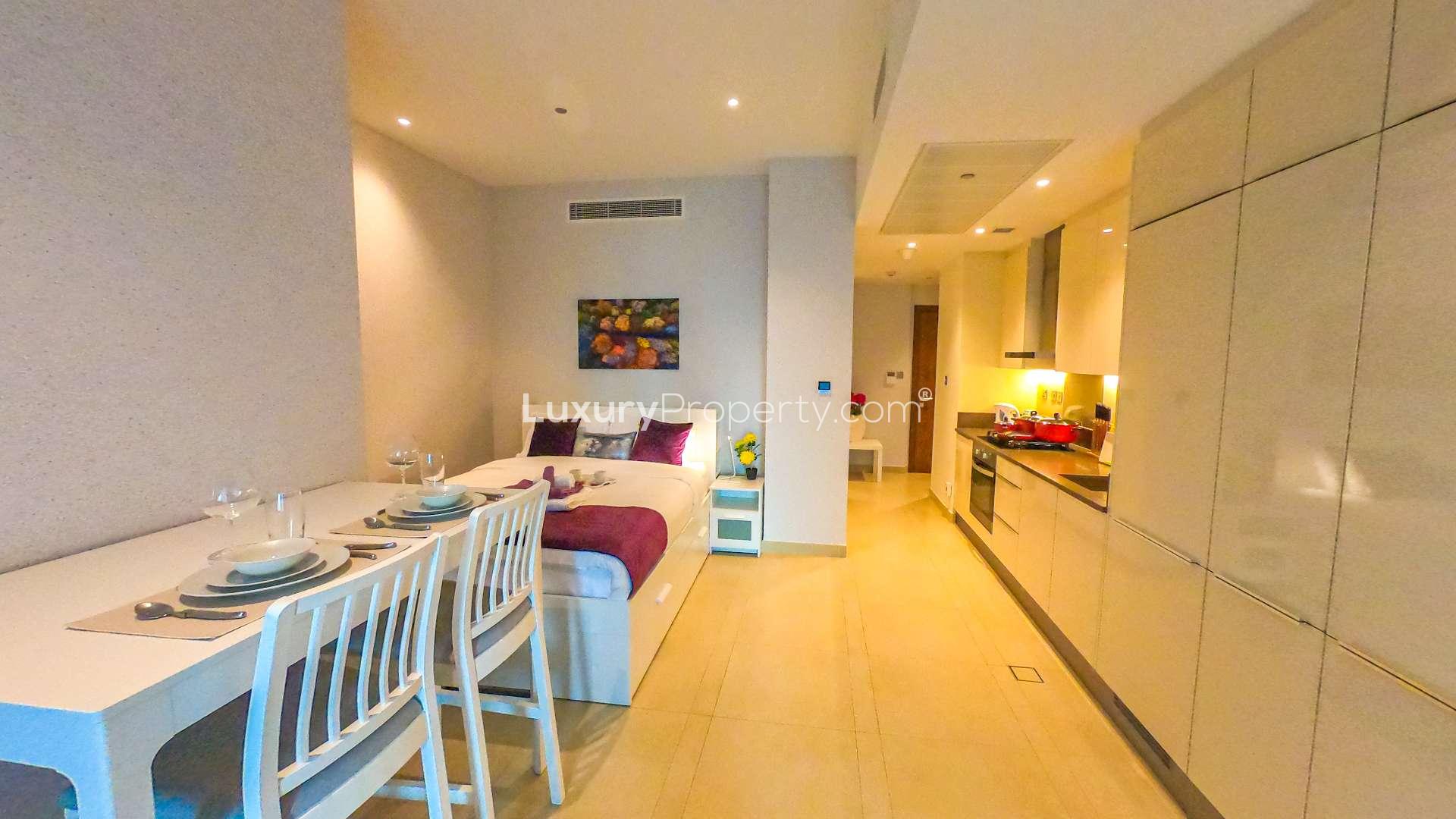 Studio apartment interior in Marina Gate 2, Dubai Marina, with modern furnishings and decor