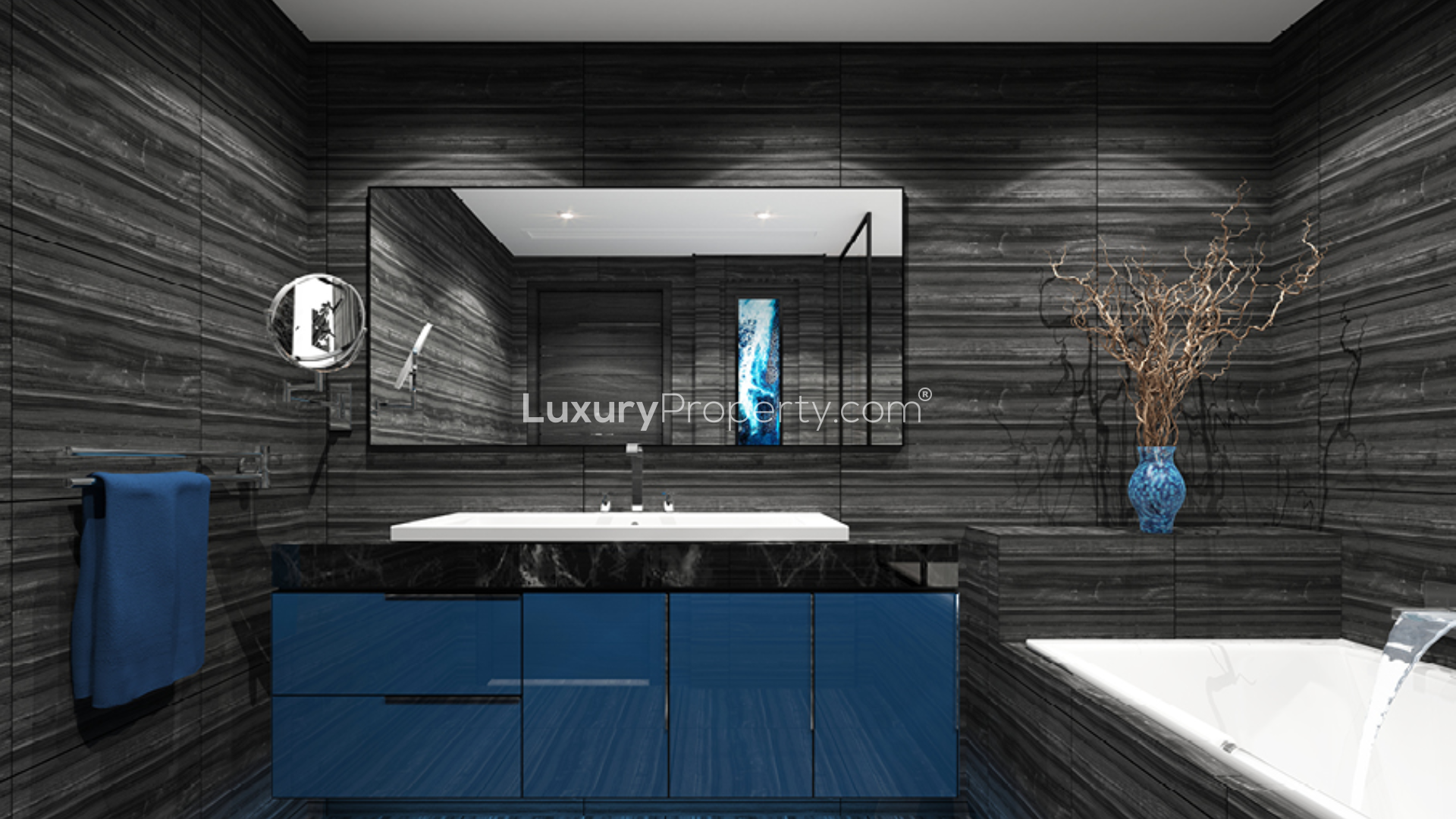 Studio apartment bedroom with modern decor and city view, O2 Tower, Jumeirah Village Circle