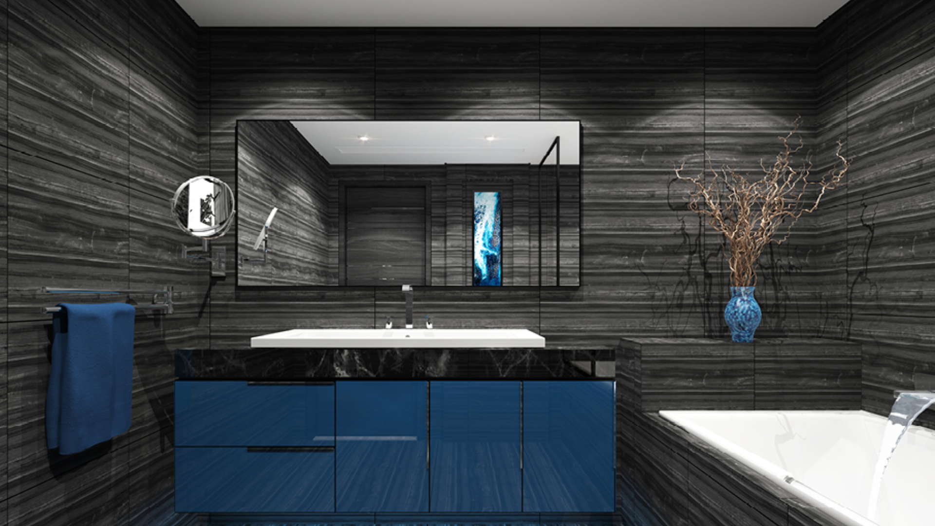 Studio apartment bedroom with modern decor and city view, O2 Tower, Jumeirah Village Circle