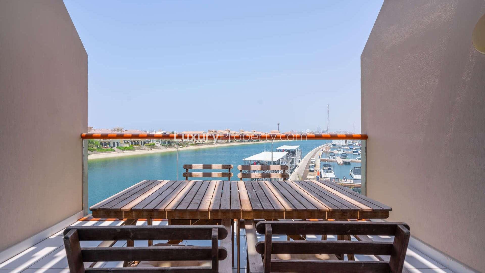 Cozy studio apartment interior with marina views in Palm Jumeirah, Dubai