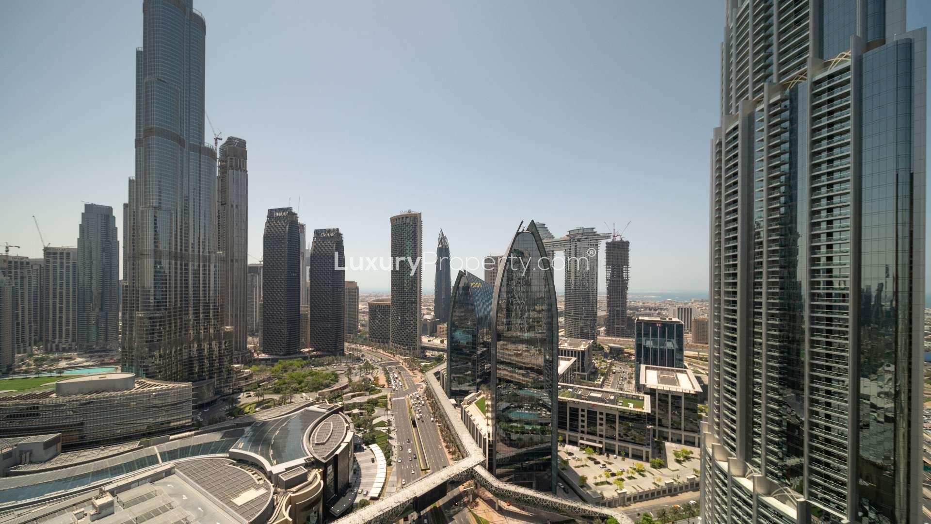 Luxury studio apartment interior with balcony view, The Address Dubai Mall, Downtown Dubai