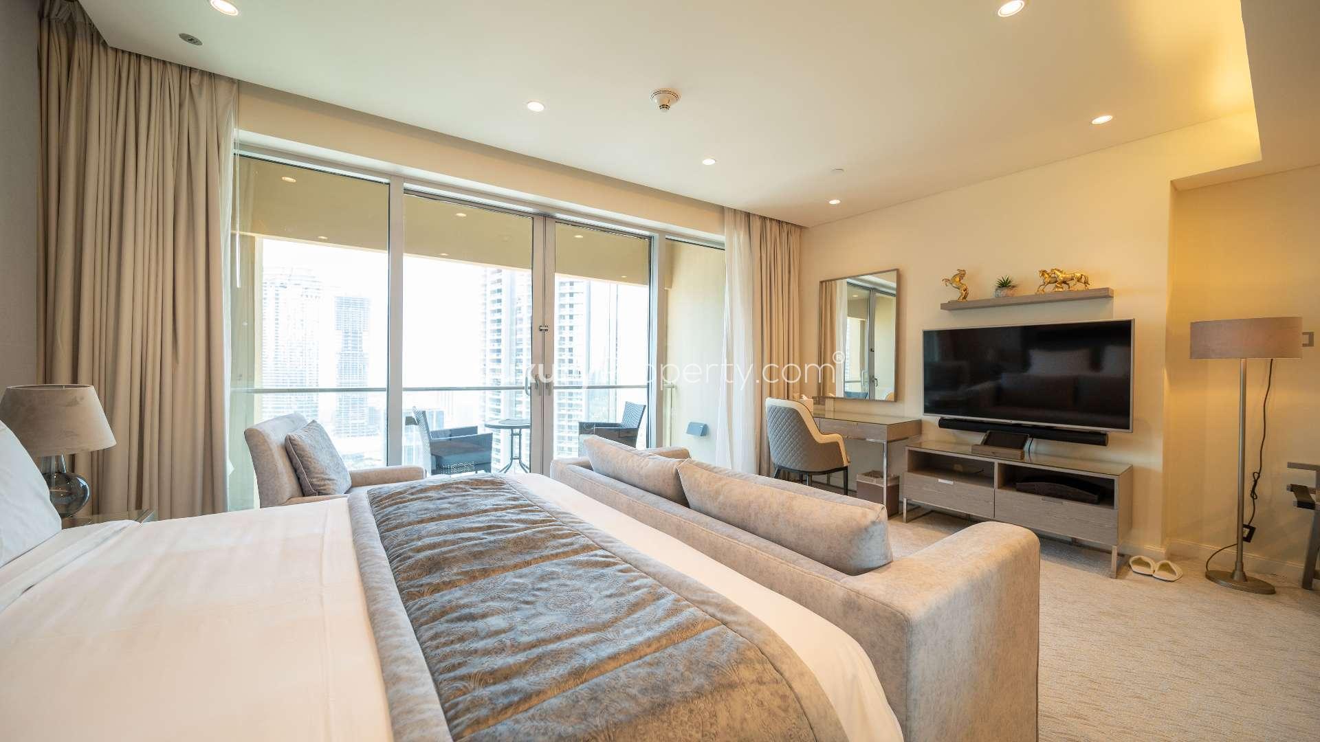 Fully renovated luxury studio kitchen and living area in The Address Dubai Mall apartment