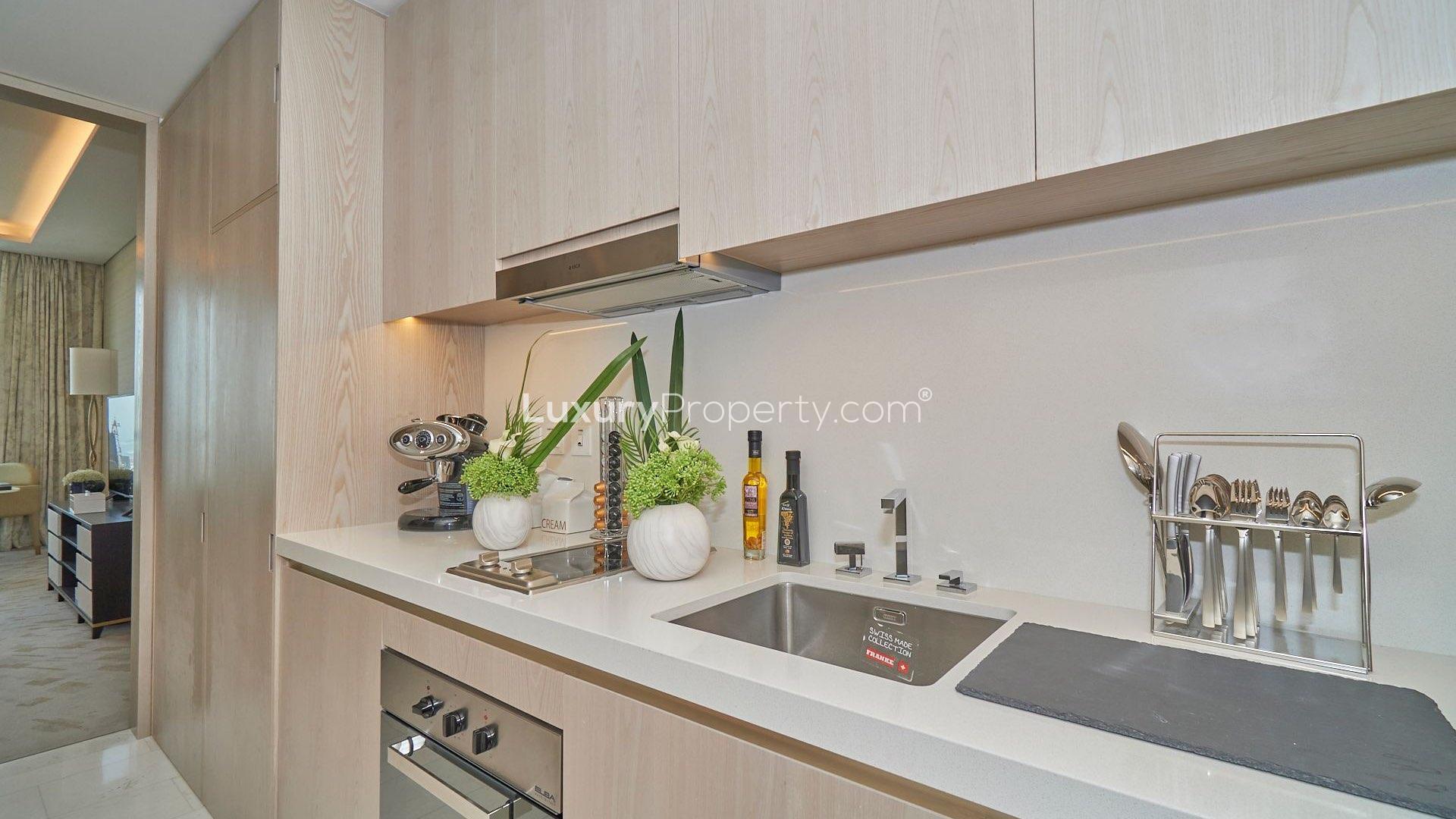 Studio apartment interior at The Palm Tower, Palm Jumeirah, facing Burj Al Arab