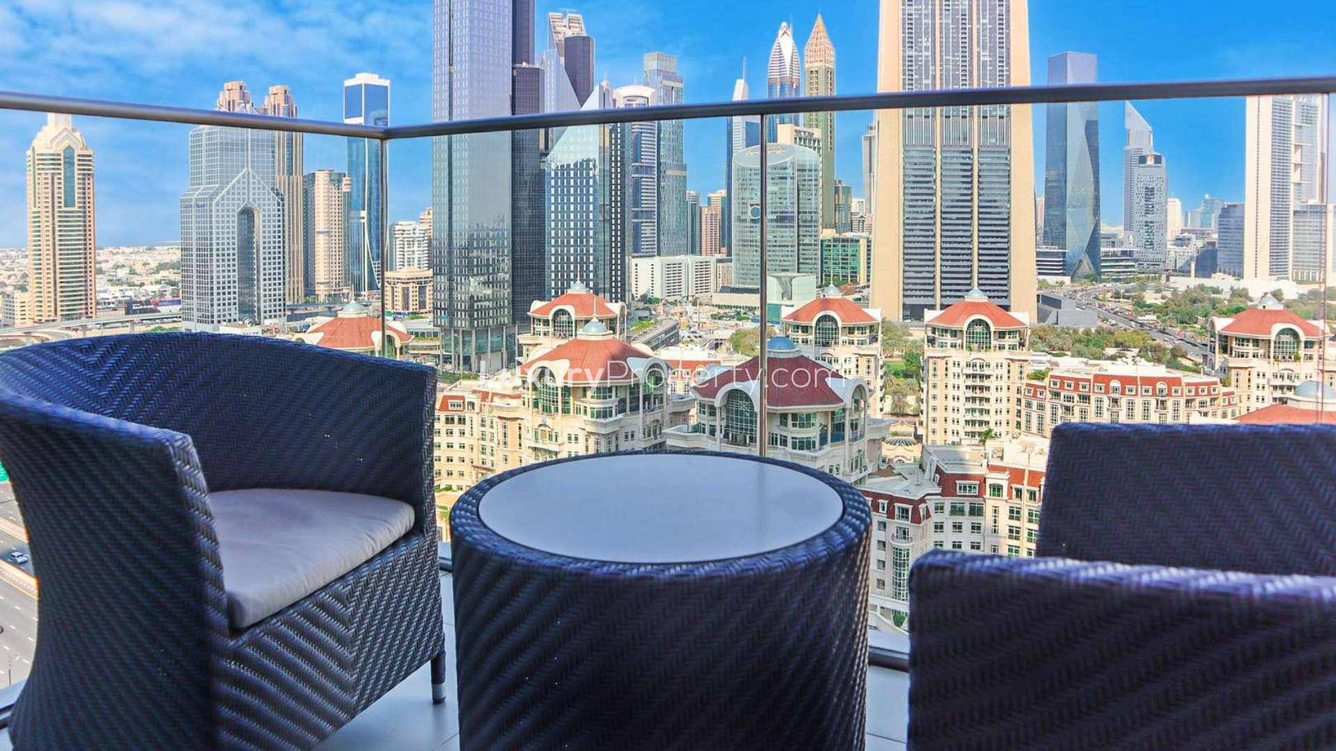 Skyline view from luxurious studio apartment in Address Downtown, Burj Lake Hotel, Dubai