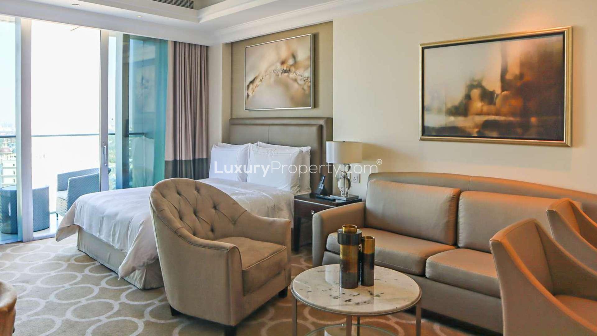 Balcony view from luxurious studio apartment in Address Downtown Hotel, Downtown Dubai