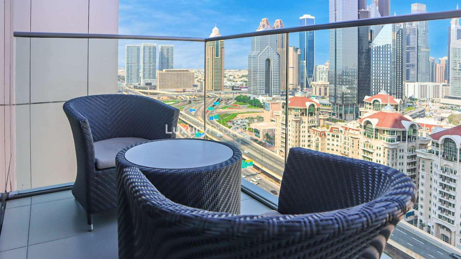 Studio apartment interior in Address Boulevard, Downtown Dubai, featuring modern furnishings and decor
