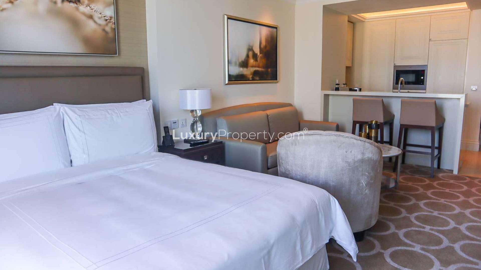 Skyline view of Downtown Dubai from Address Boulevard apartment, featuring modern skyscrapers and highways