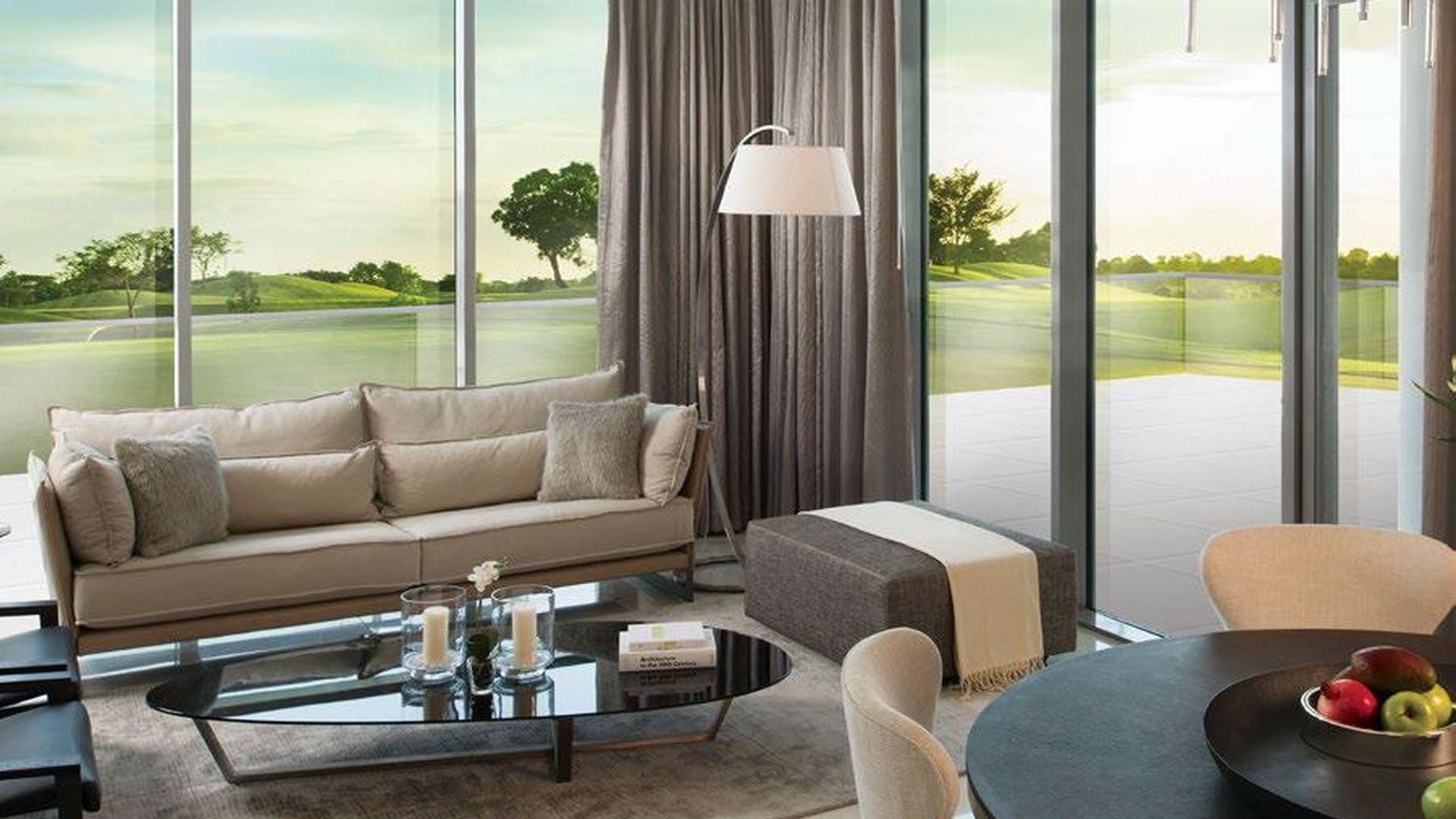 Luxurious studio apartment living room with golf course view in Akoya Oxygen, Dubailand