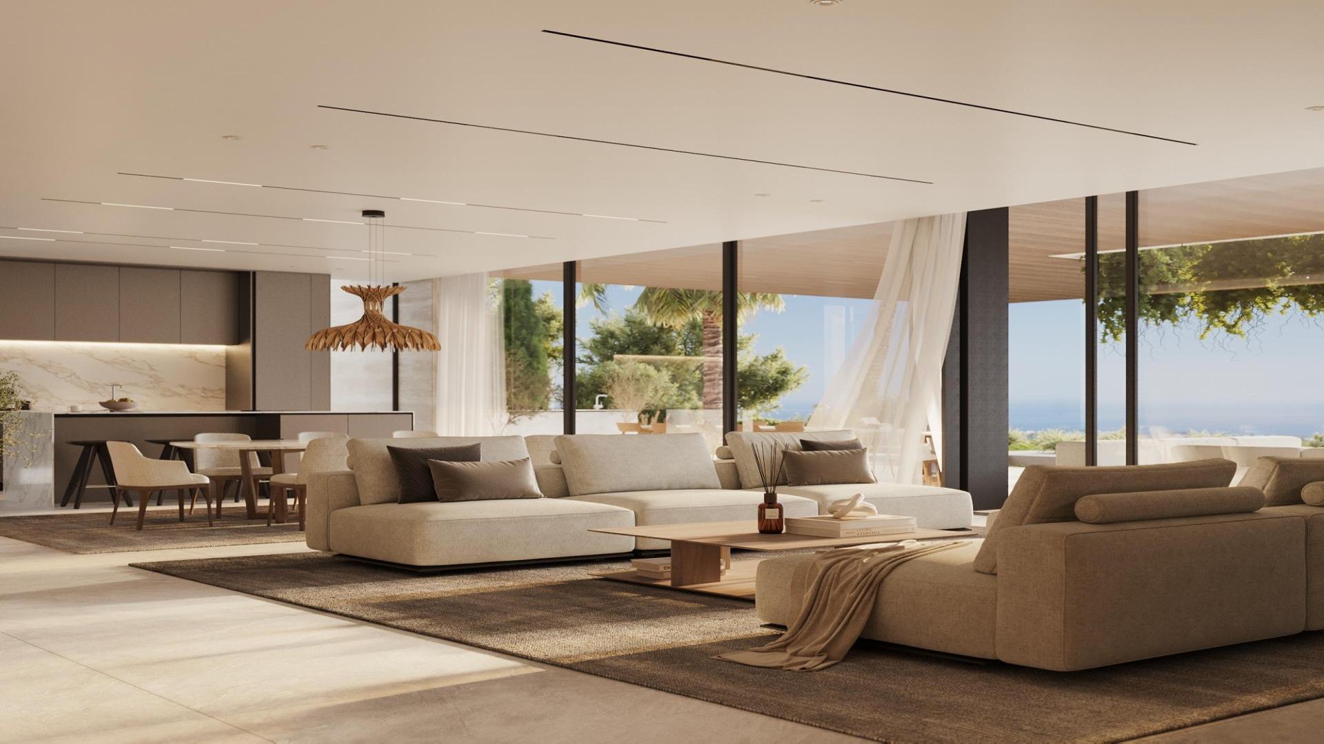 Luxurious open-plan living area in 6-bedroom villa, Benahavis, with modern decor and sea views