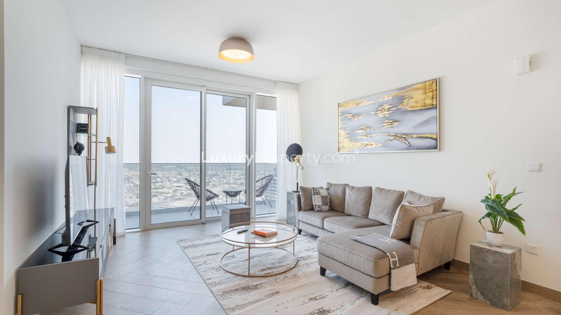 Balcony view from 1 Residences Wasl1 apartment, overlooking Al Kifaf community and cityscape