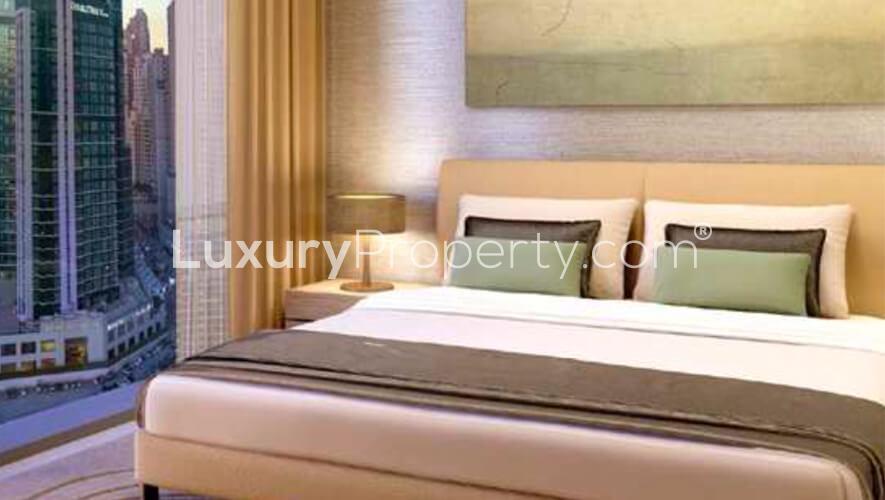 Ultramodern studio apartment living area with city view in 5242, Dubai Marina for sale