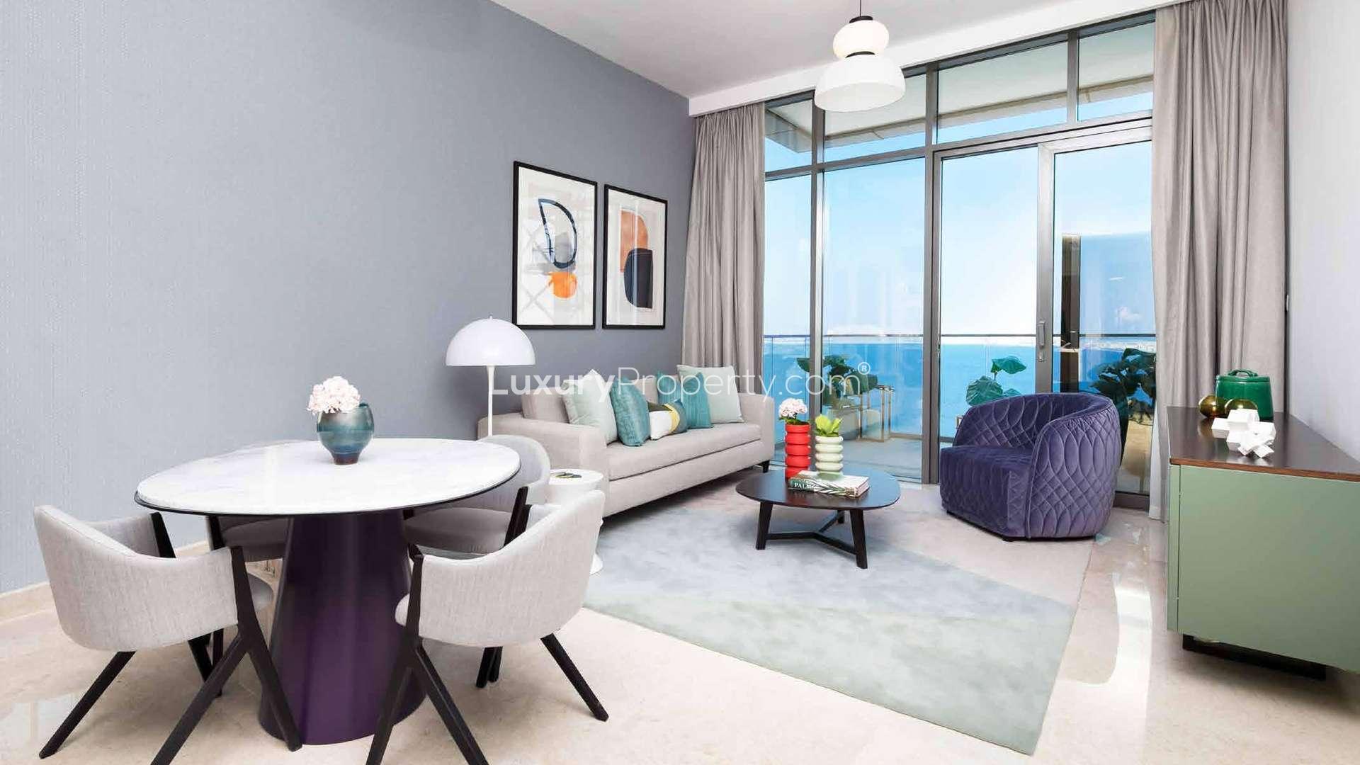 Luxurious lobby of Anwa apartment in Dubai Maritime City with modern decor