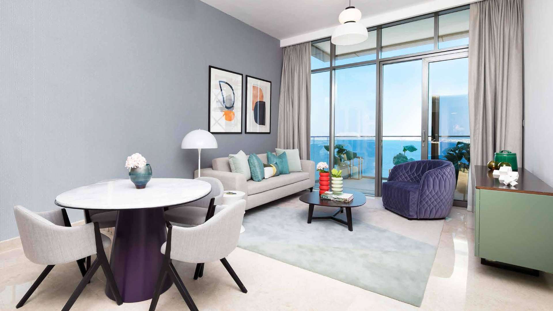 Luxurious lobby of Anwa apartment in Dubai Maritime City with modern decor