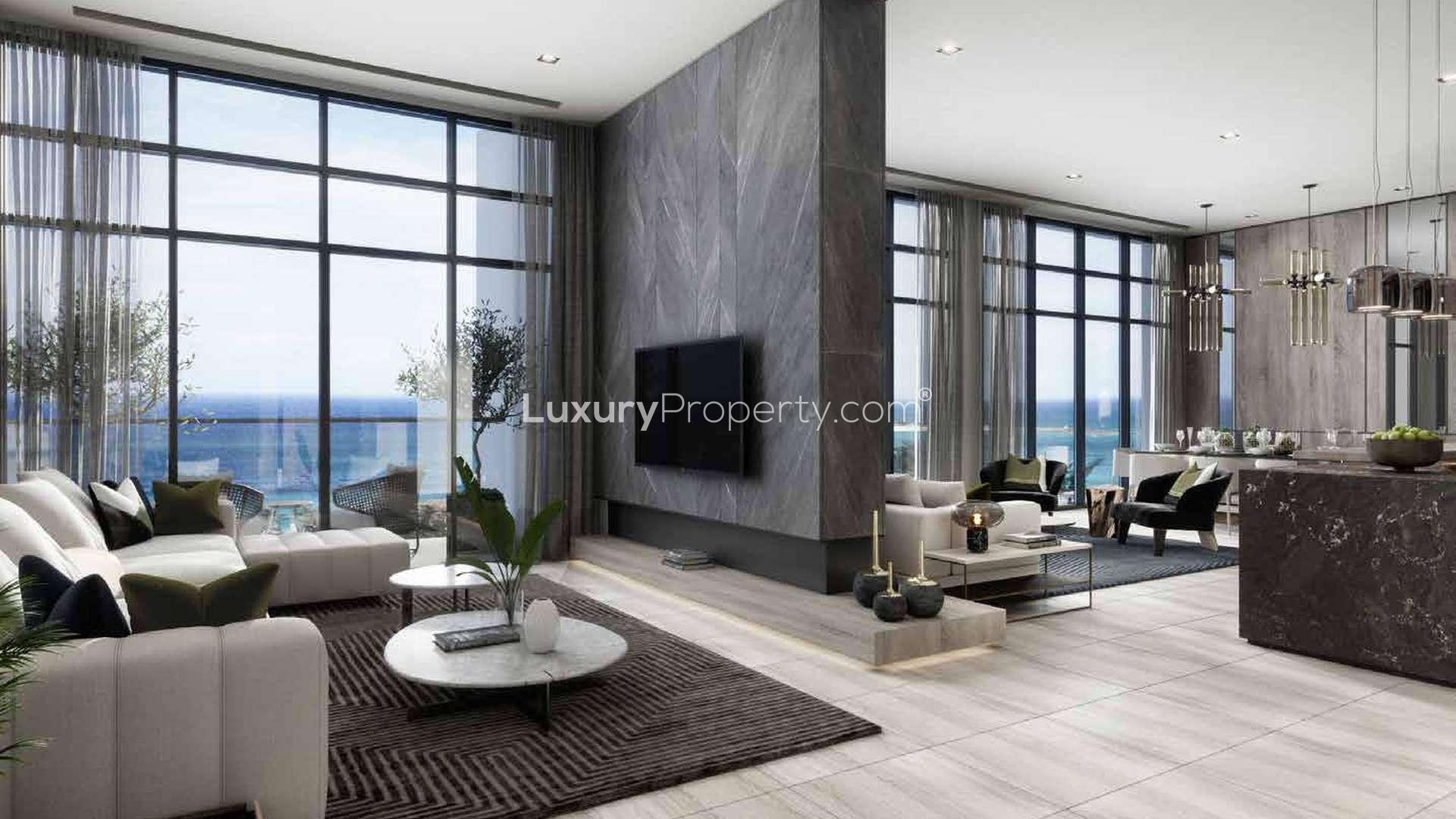Luxurious living room with sea view in Anwa, Dubai Maritime City apartment for sale