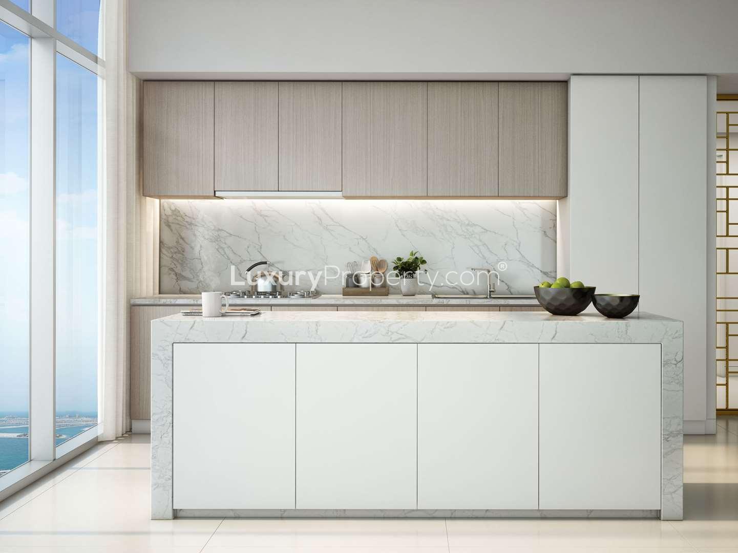 Studio apartment interior with ocean view in Emaar Beachfront, Dubai Harbour