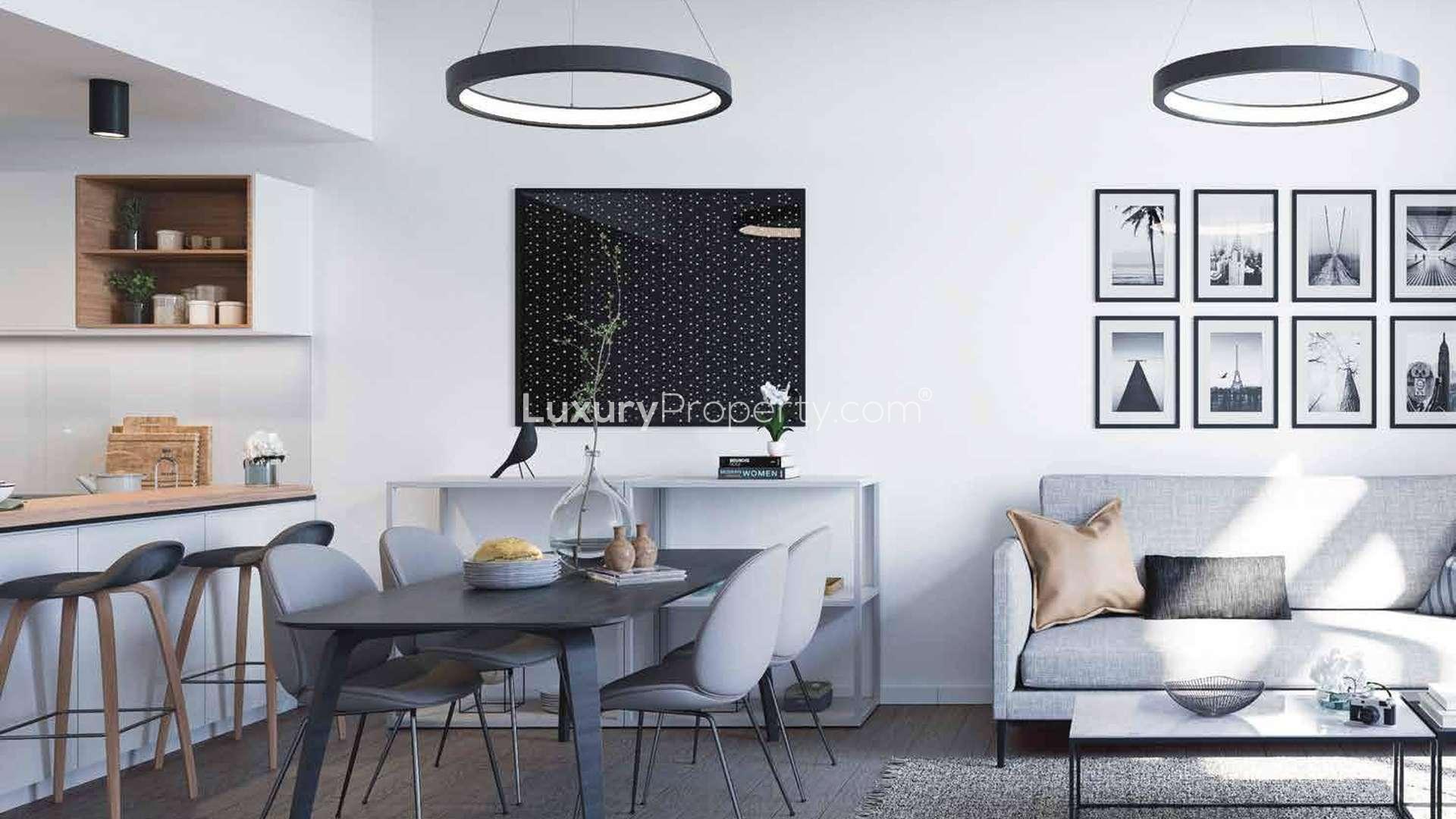 Stylish living room in Belgravia Square apartment, Jumeirah Village Circle, with modern decor