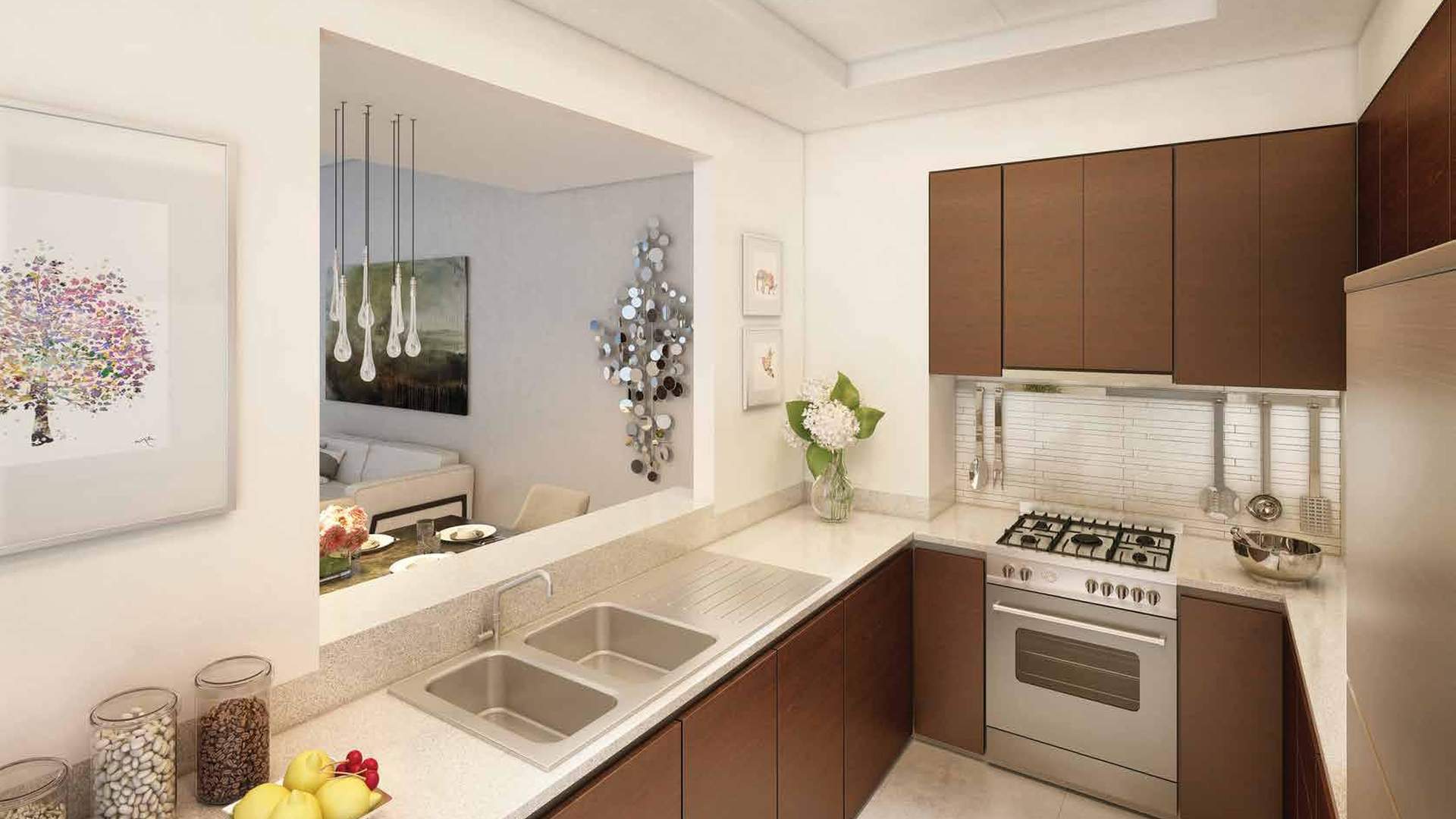 Studio apartment interior in Bellevue Towers, Downtown Dubai with Burj Khalifa view
