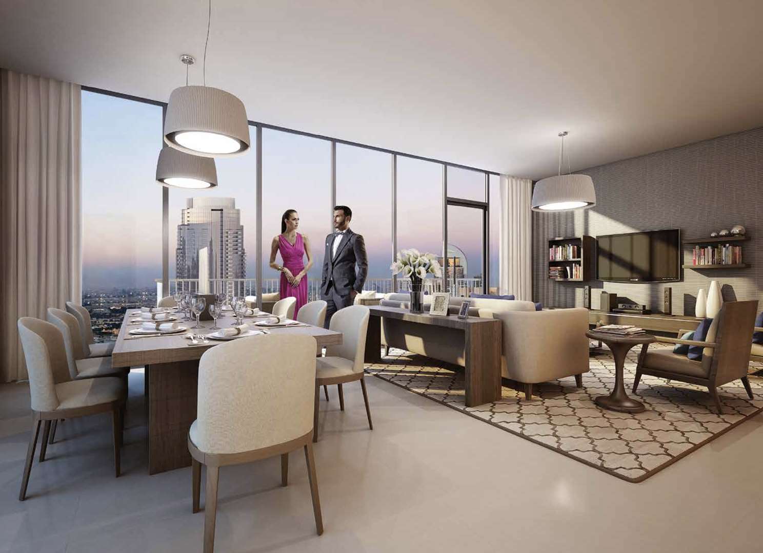Studio apartment interior at BLVD Heights, Downtown Dubai, with city skyline view