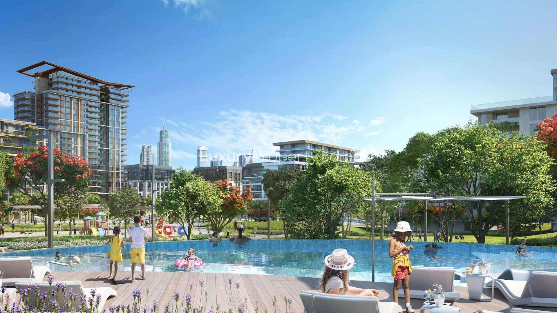 Studio apartment balcony view at Myrtle Apartments, Central Park, City Walk at sunset