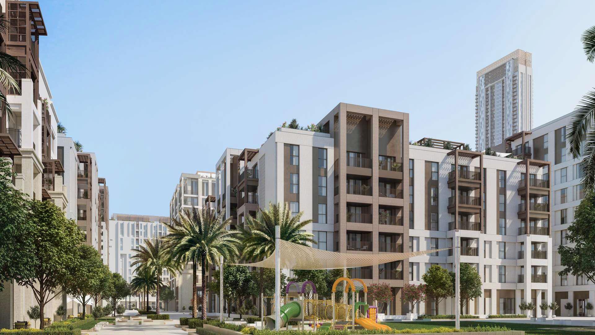 Modern studio apartments in Lotus, Creek Beach, Dubai Creek Harbour, surrounded by lush greenery